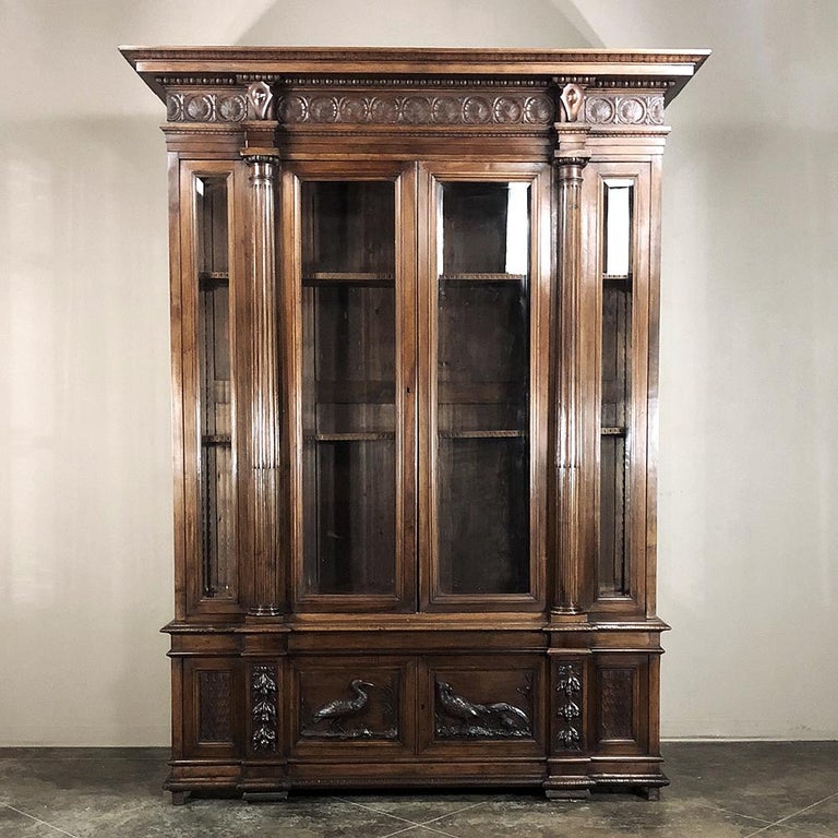 Italian Renaissance Bookcase Grand 19th Century Italian Walnut Renaissance Bookcase with Hunt ...