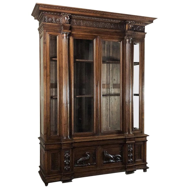 Italian Renaissance Bookcase Grand 19th Century Italian Walnut Renaissance Bookcase with Hunt ...