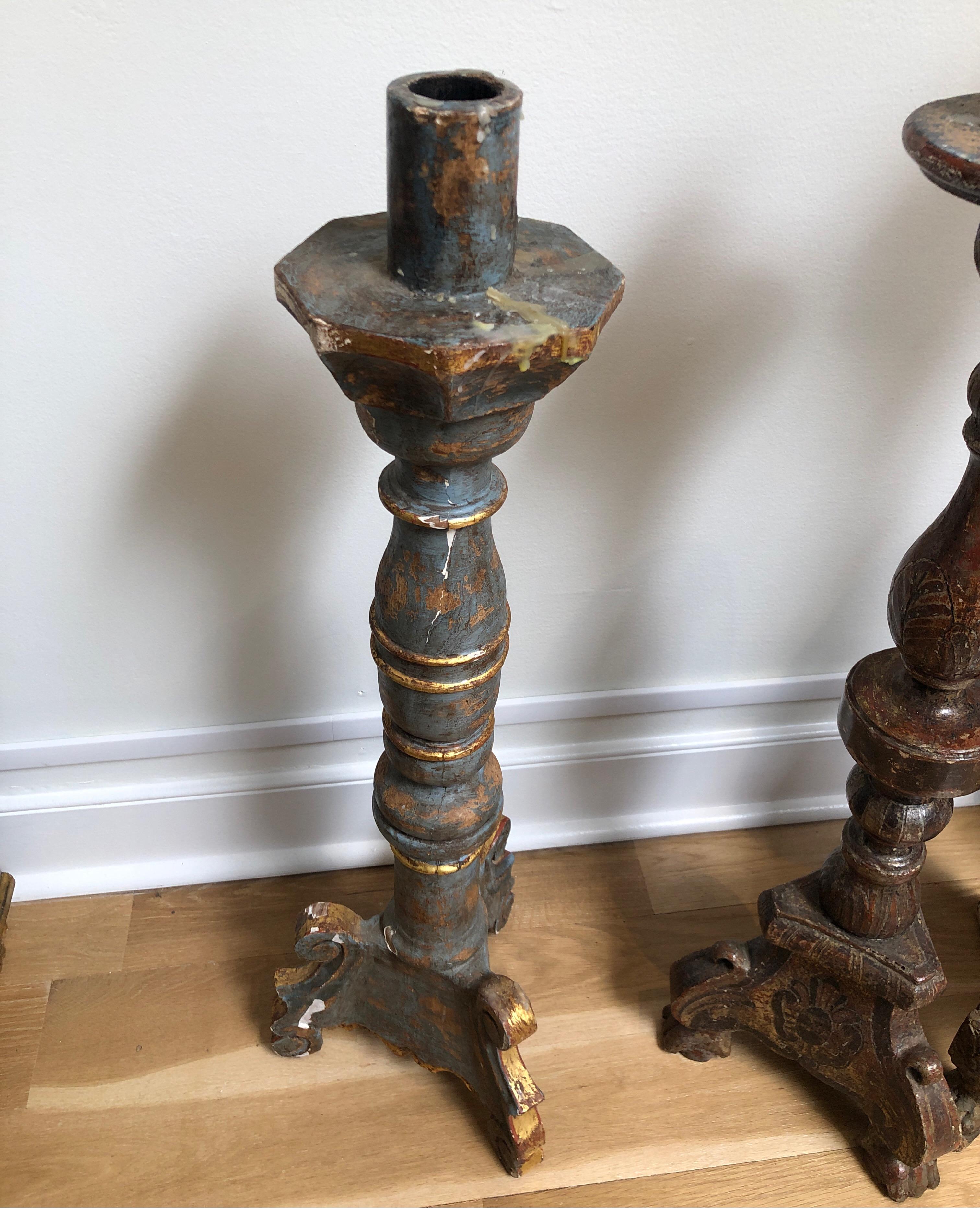 Grand Antique 18th Century French Alter Candlesticks or Candelabra Prickets In Distressed Condition In Los Angeles, CA