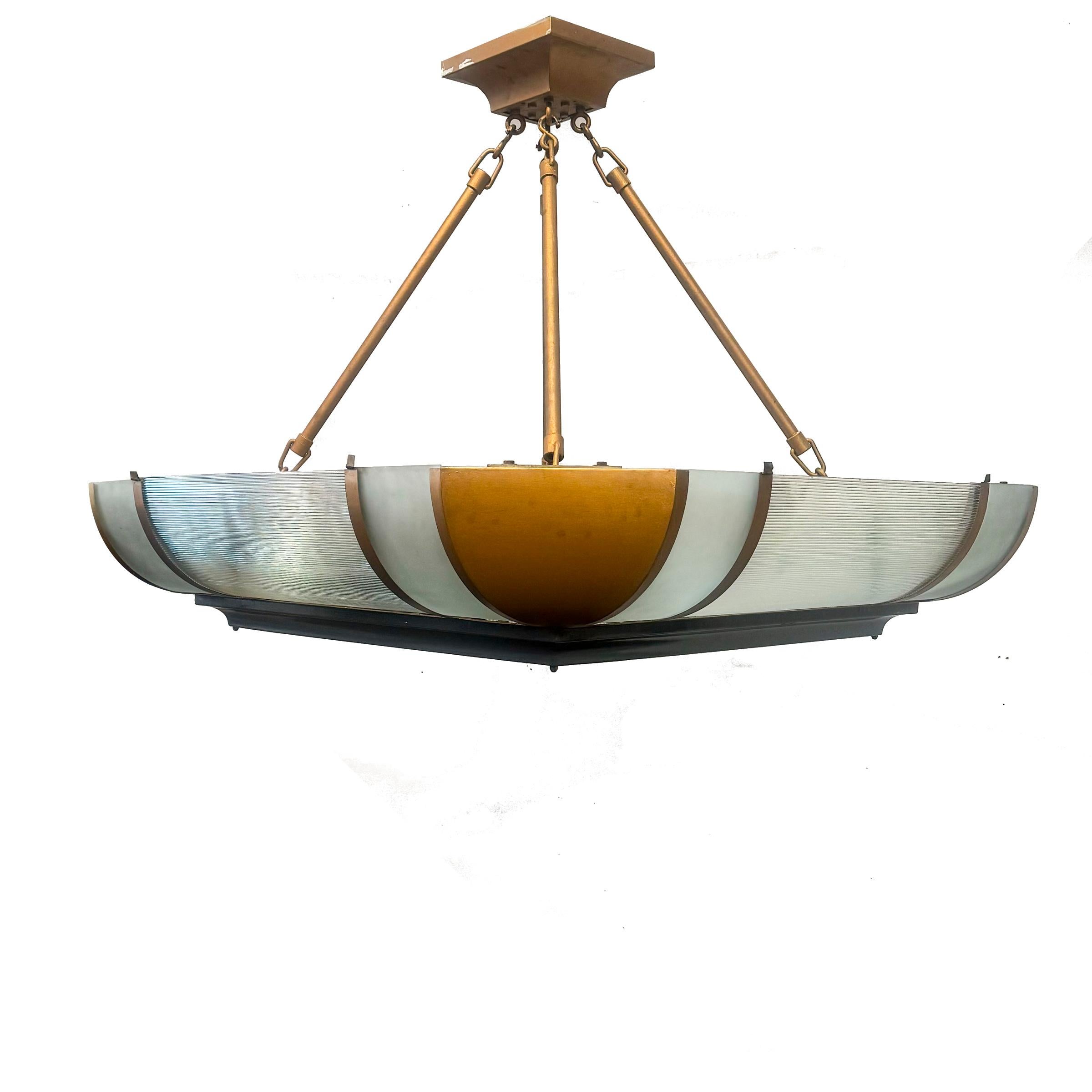 British Grand Antique Art Deco Opal Glass & Iron Light  4 Available For Sale