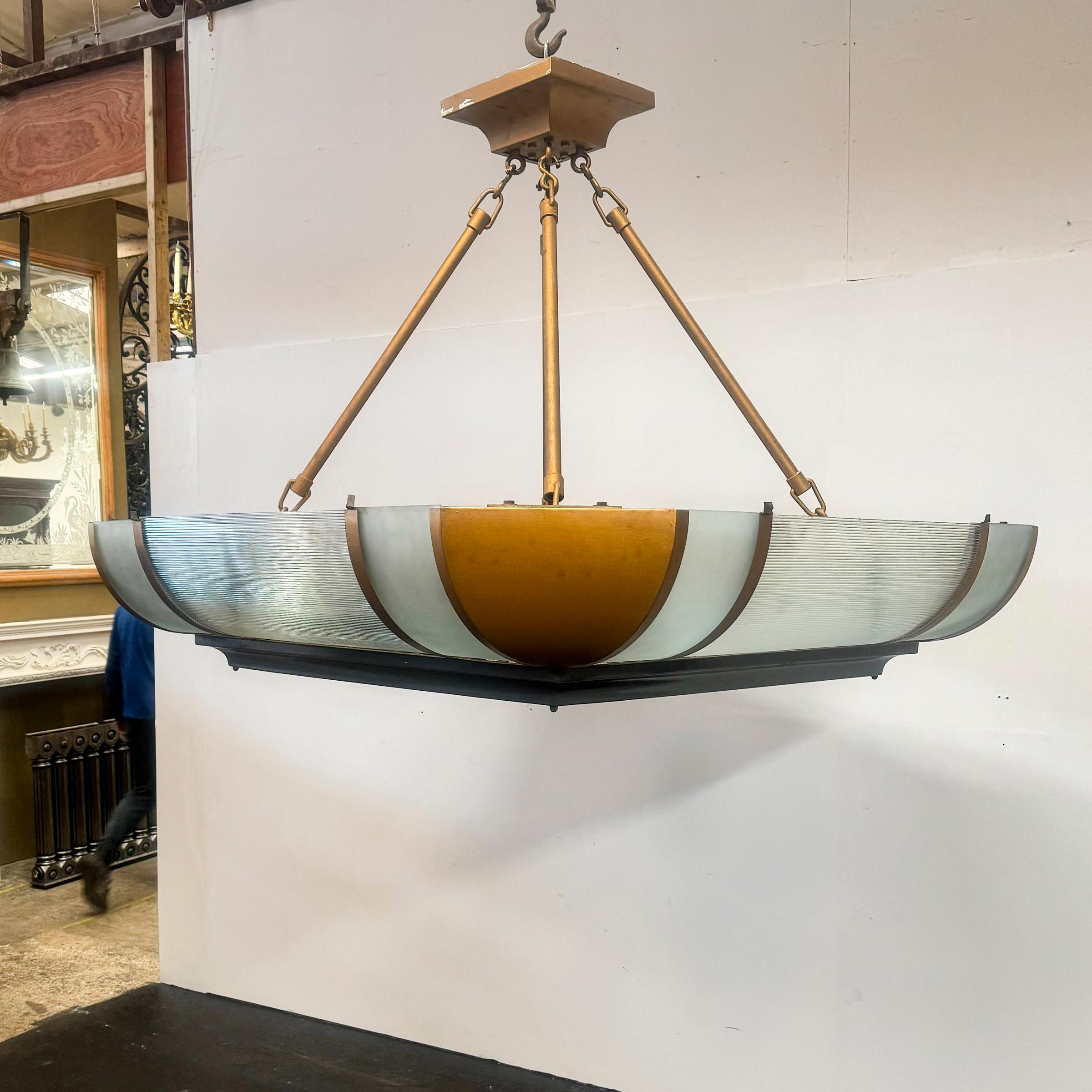 Grand Antique Art Deco Opal Glass & Iron Light  4 Available In Good Condition For Sale In Ware, GB