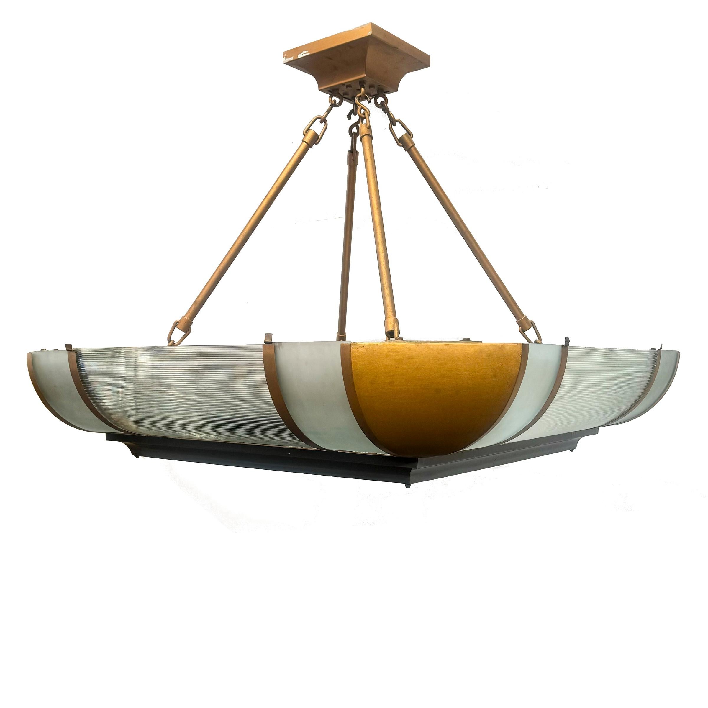 20th Century Grand Antique Art Deco Opal Glass & Iron Light  4 Available For Sale