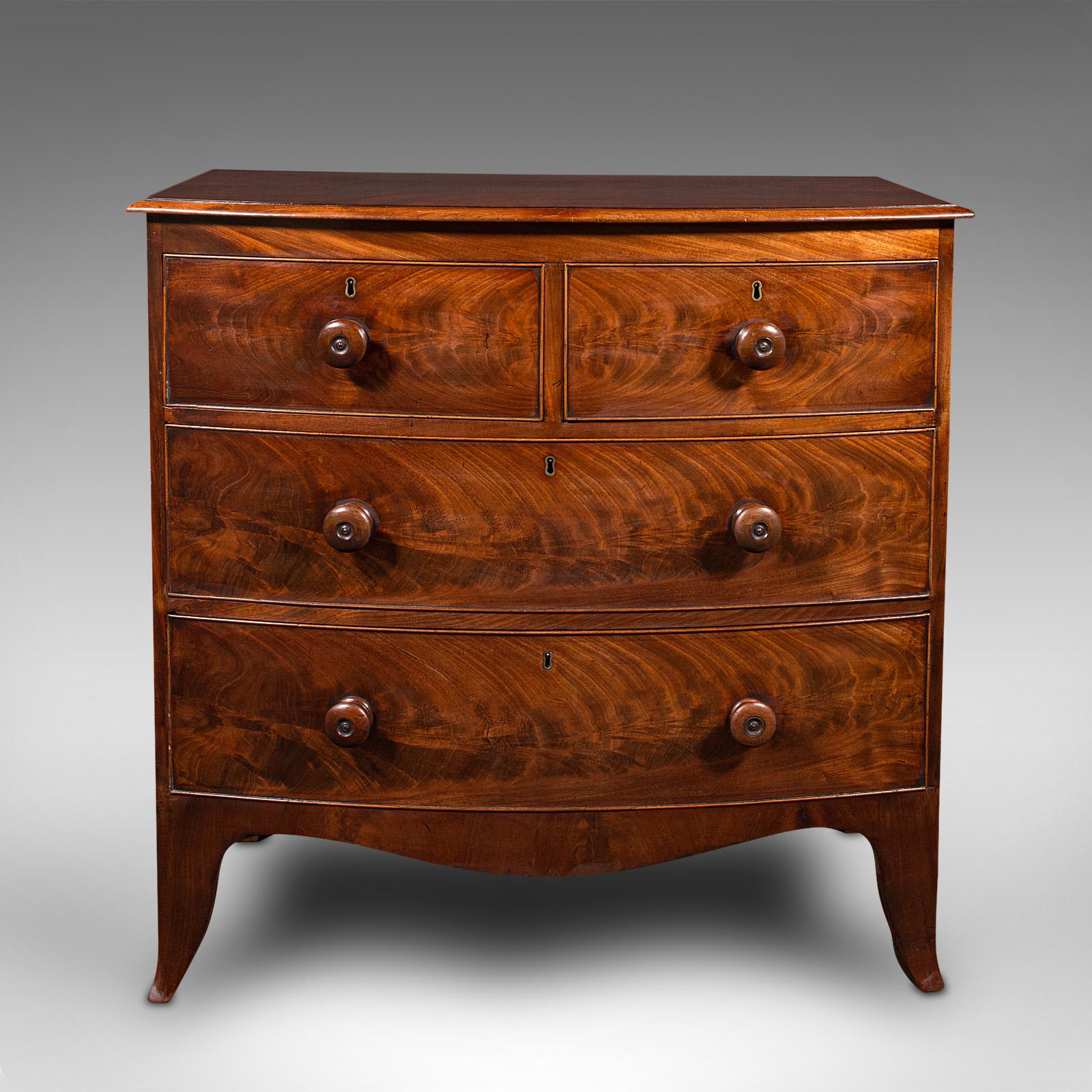 This is an antique bow front chest of drawers. An English, mahogany tallboy, dating to the Georgian period, circa 1780.

An eye-catching, exquisite Georgian piece of fine craftsmanship
Displays a desirable aged patina and in very good