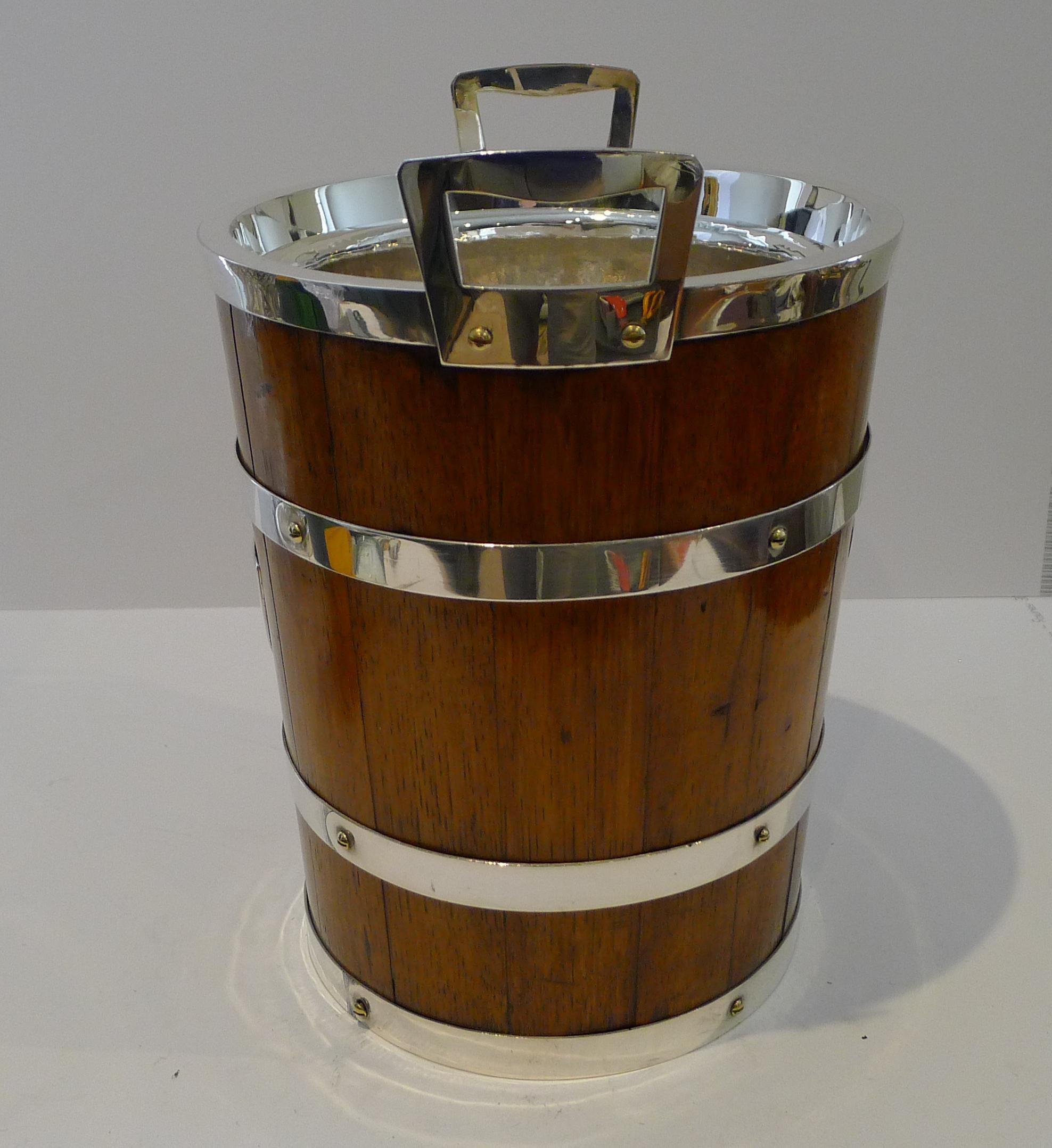 Grand Antique English Oak & Silver Plate Champagne Bucket / Wine Cooler For Sale 4