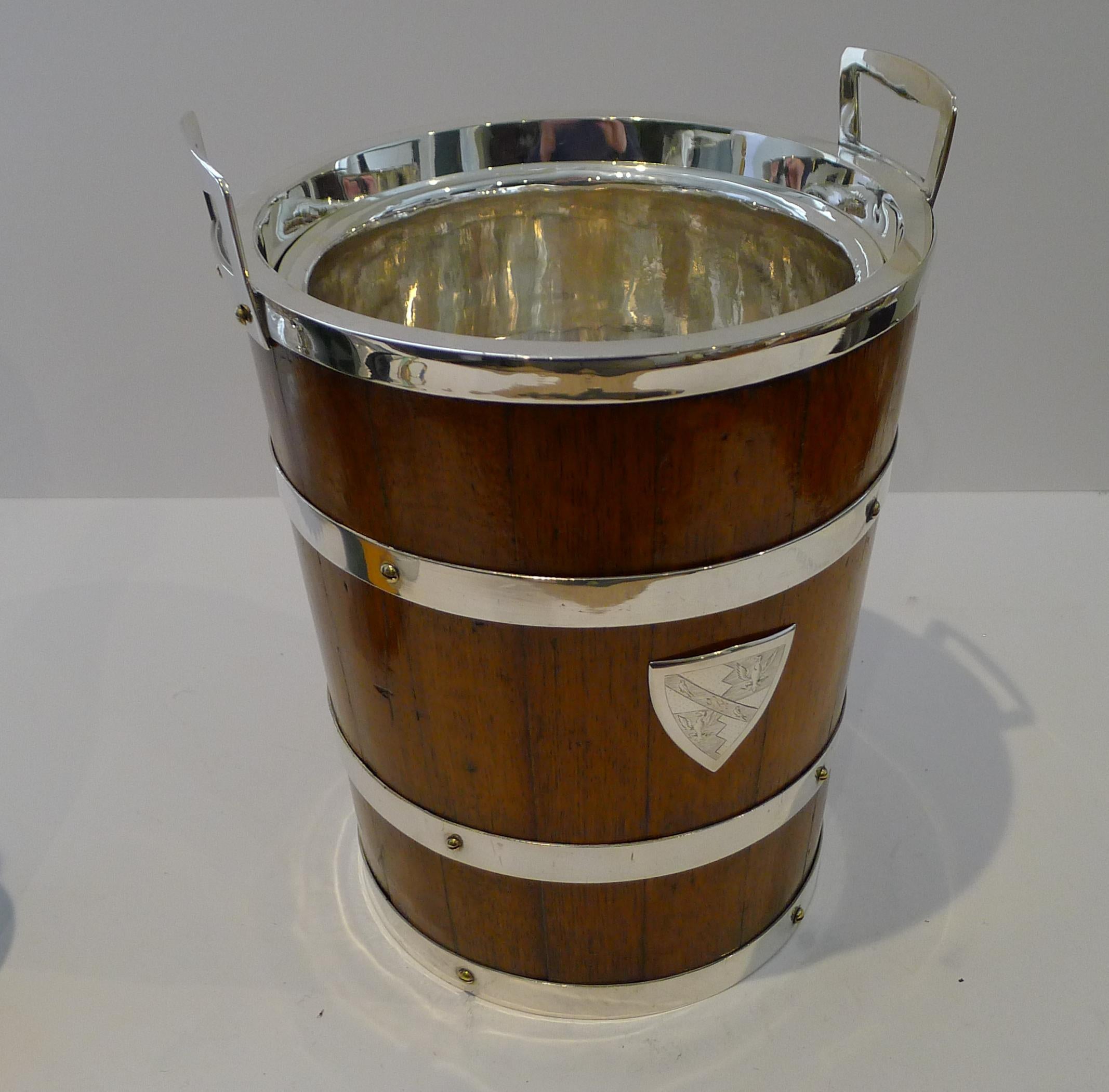 Grand Antique English Oak & Silver Plate Champagne Bucket / Wine Cooler For Sale 5