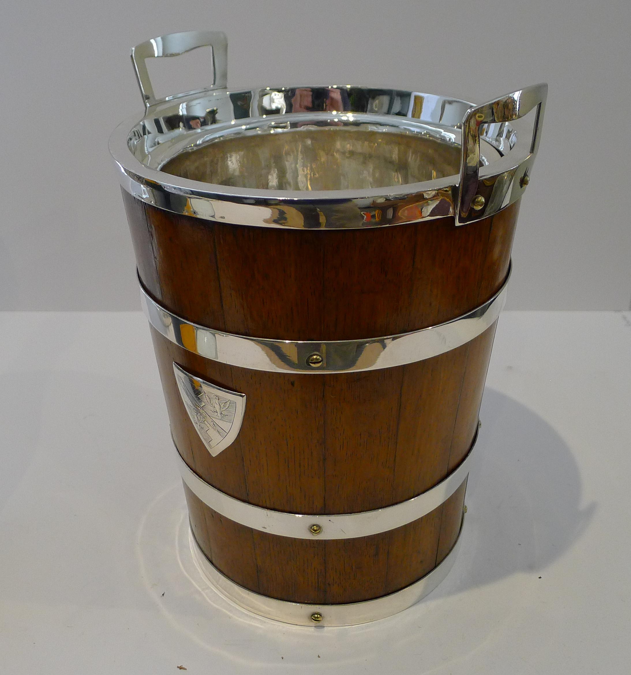 Grand Antique English Oak & Silver Plate Champagne Bucket / Wine Cooler For Sale 6