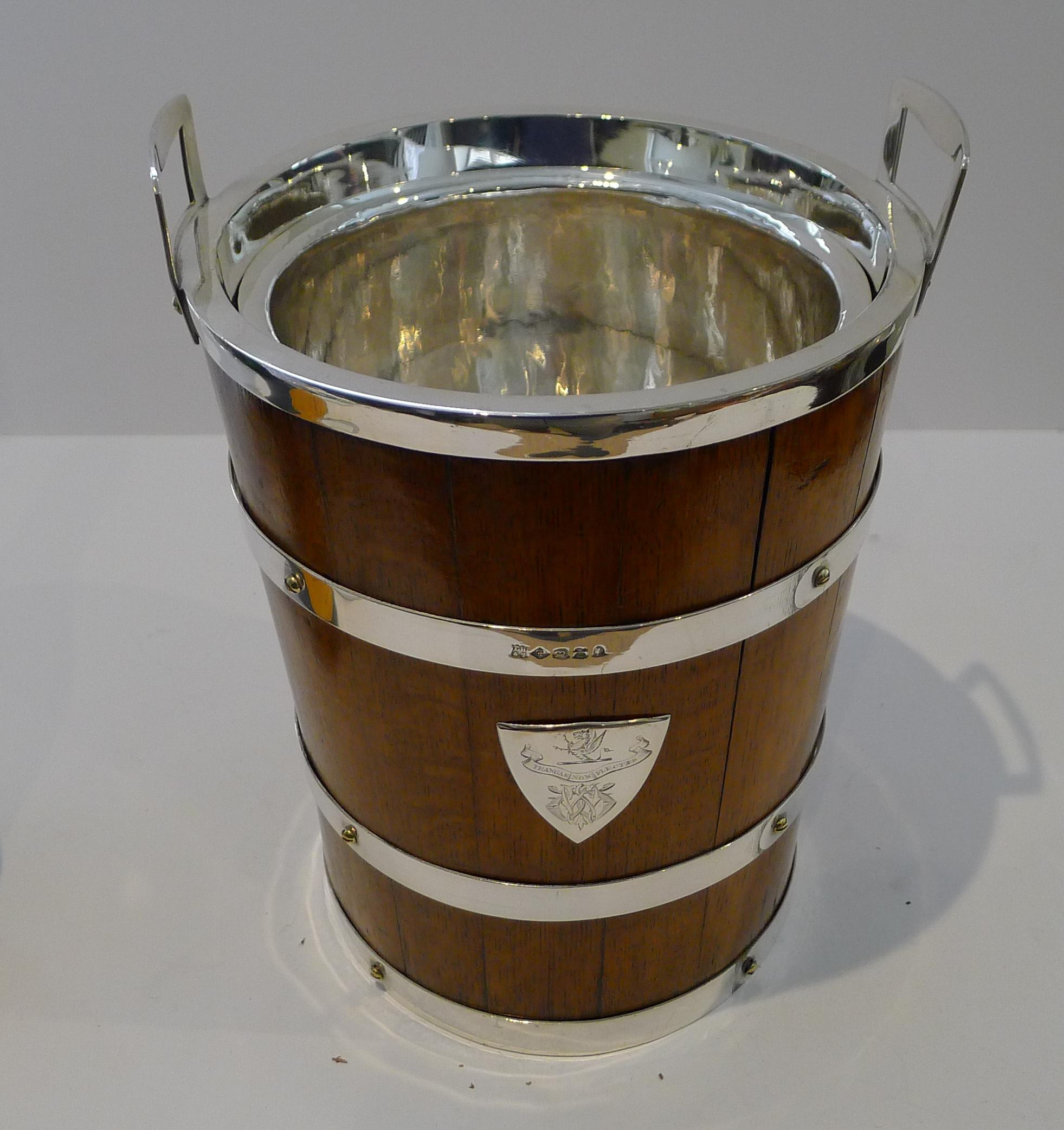 Grand Antique English Oak & Silver Plate Champagne Bucket / Wine Cooler For Sale 7