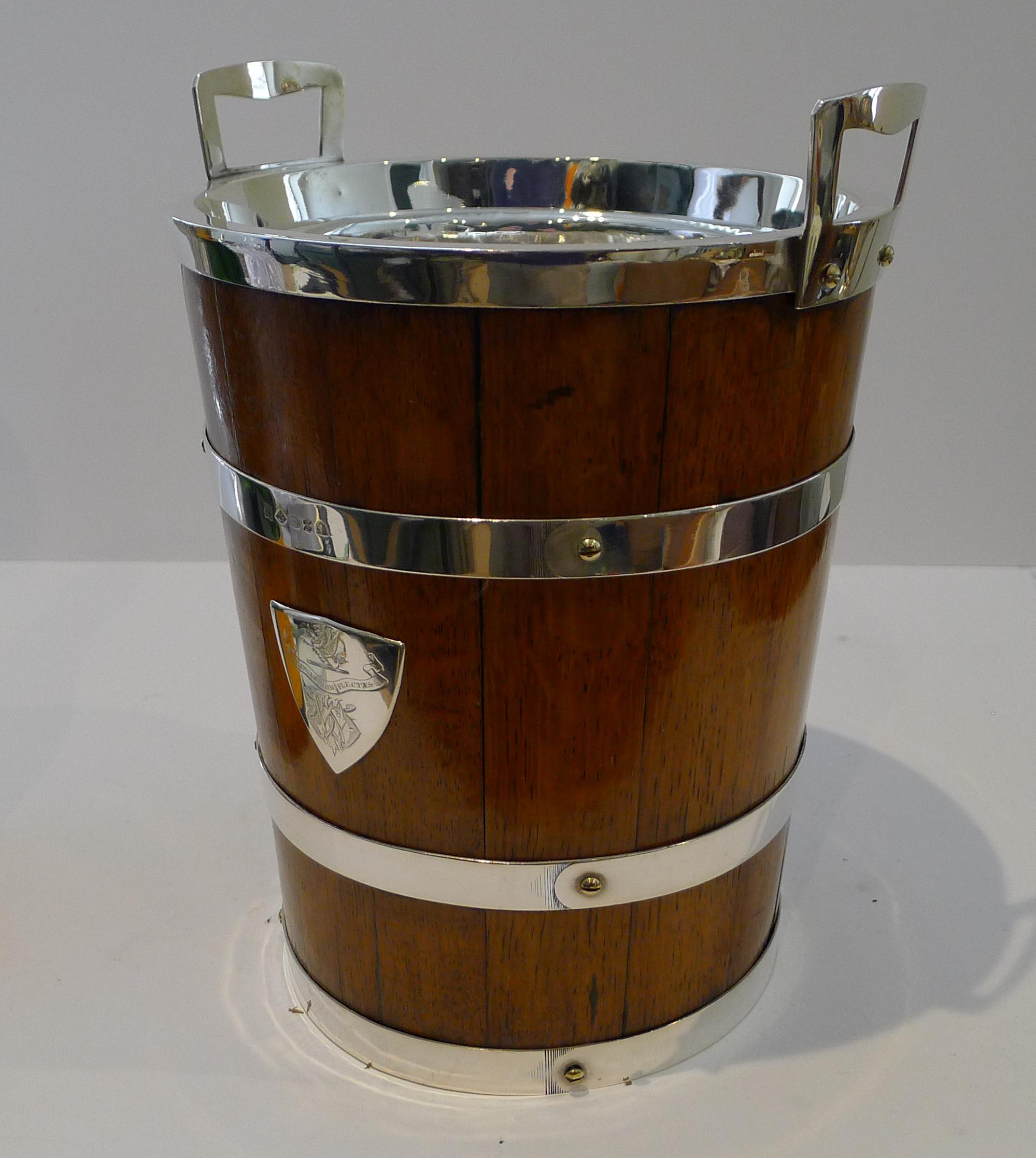 Grand Antique English Oak & Silver Plate Champagne Bucket / Wine Cooler For Sale 8