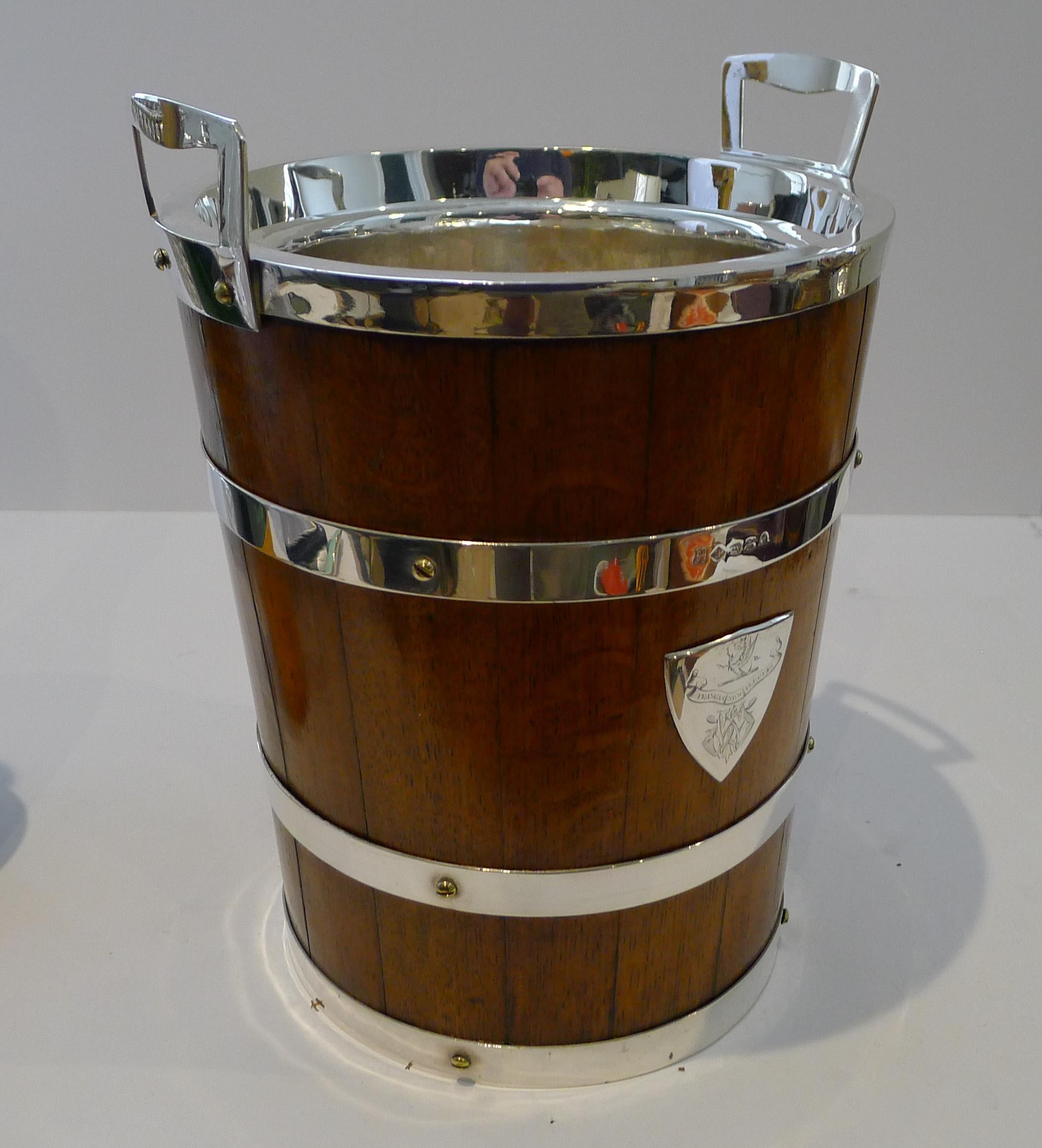 Grand Antique English Oak & Silver Plate Champagne Bucket / Wine Cooler For Sale 9