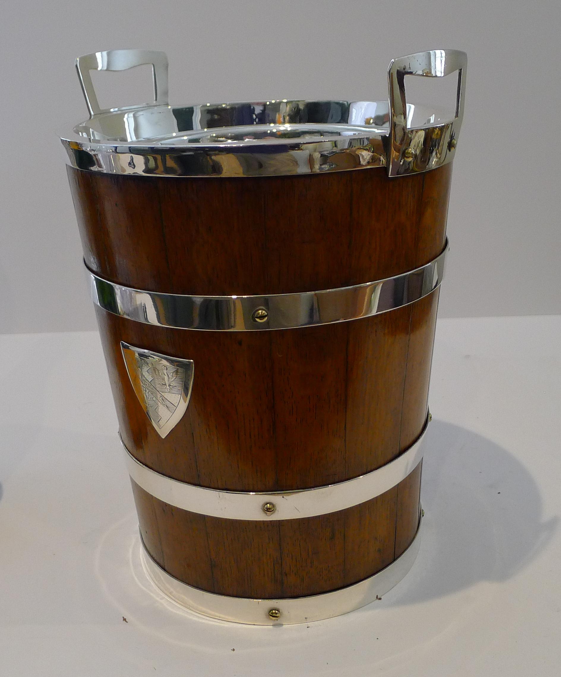Grand Antique English Oak & Silver Plate Champagne Bucket / Wine Cooler For Sale 10