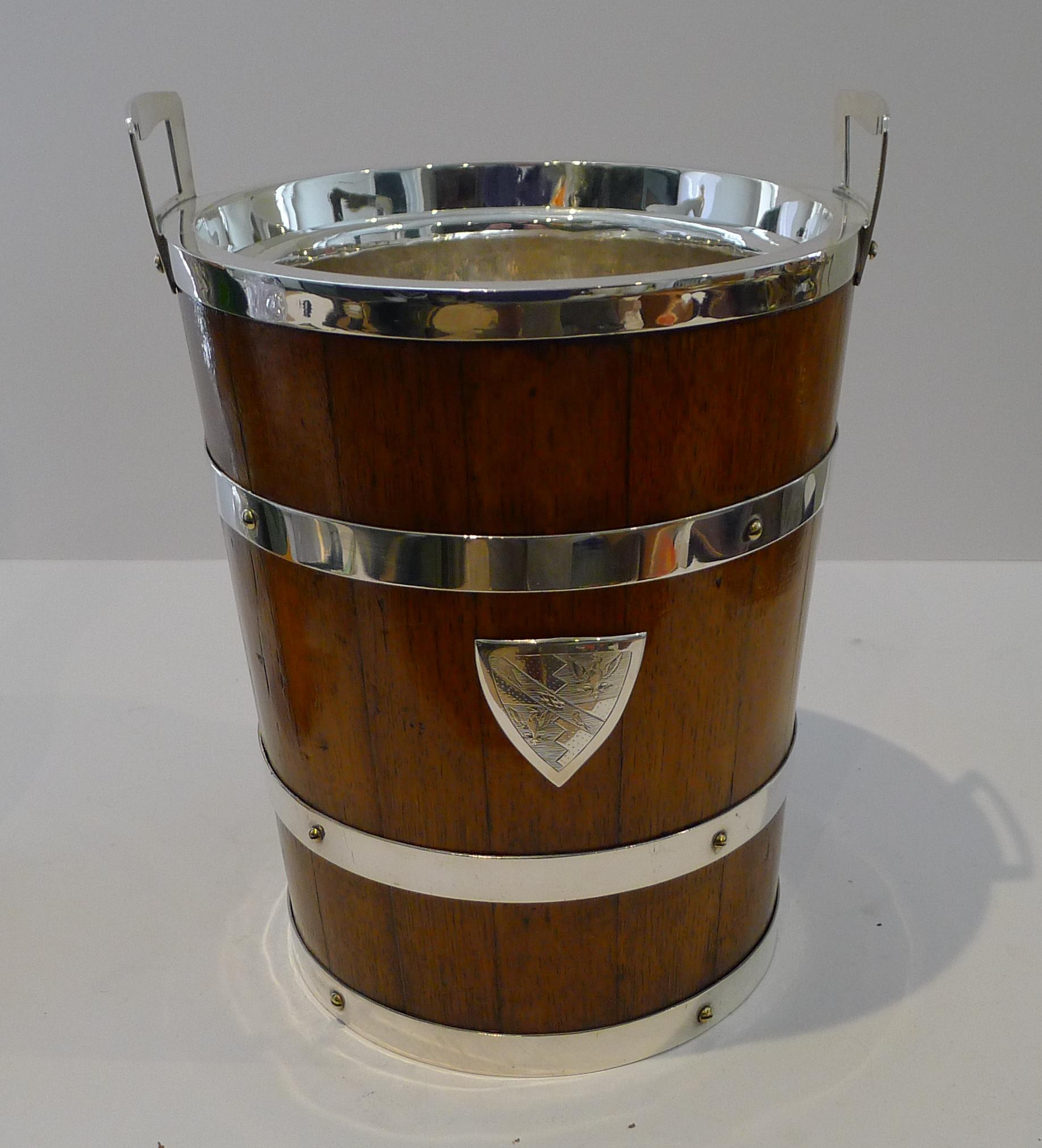 Grand Antique English Oak & Silver Plate Champagne Bucket / Wine Cooler For Sale 11
