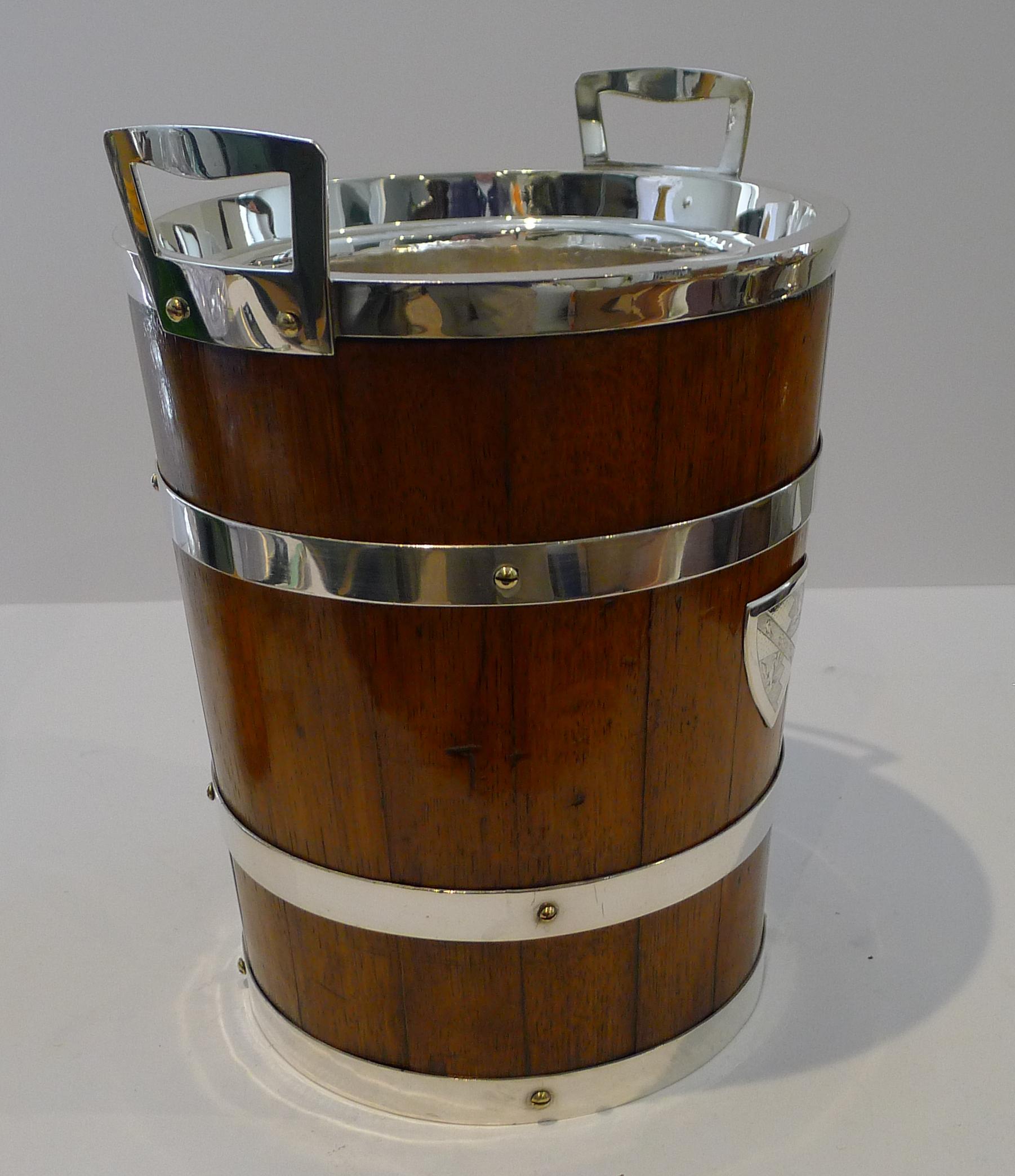 Grand Antique English Oak & Silver Plate Champagne Bucket / Wine Cooler For Sale 12