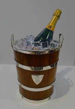Grand Antique English Oak & Silver Plate Champagne Bucket / Wine Cooler