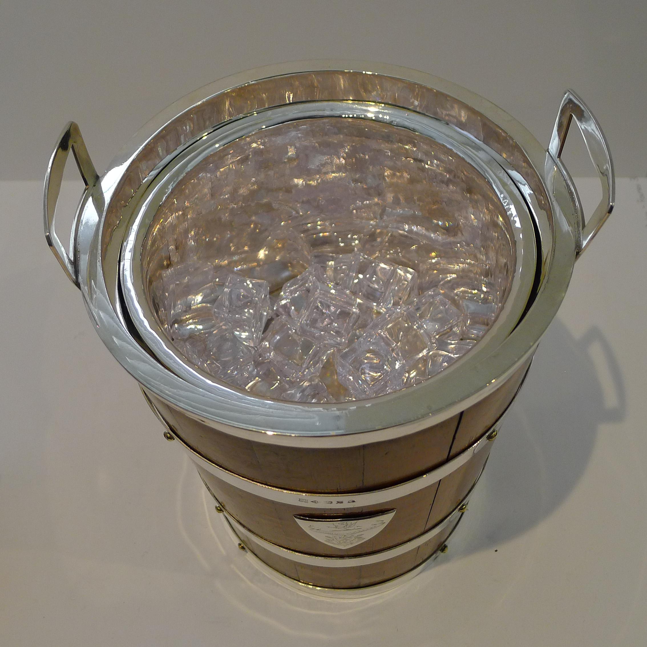 Victorian Grand Antique English Oak & Silver Plate Champagne Bucket / Wine Cooler For Sale