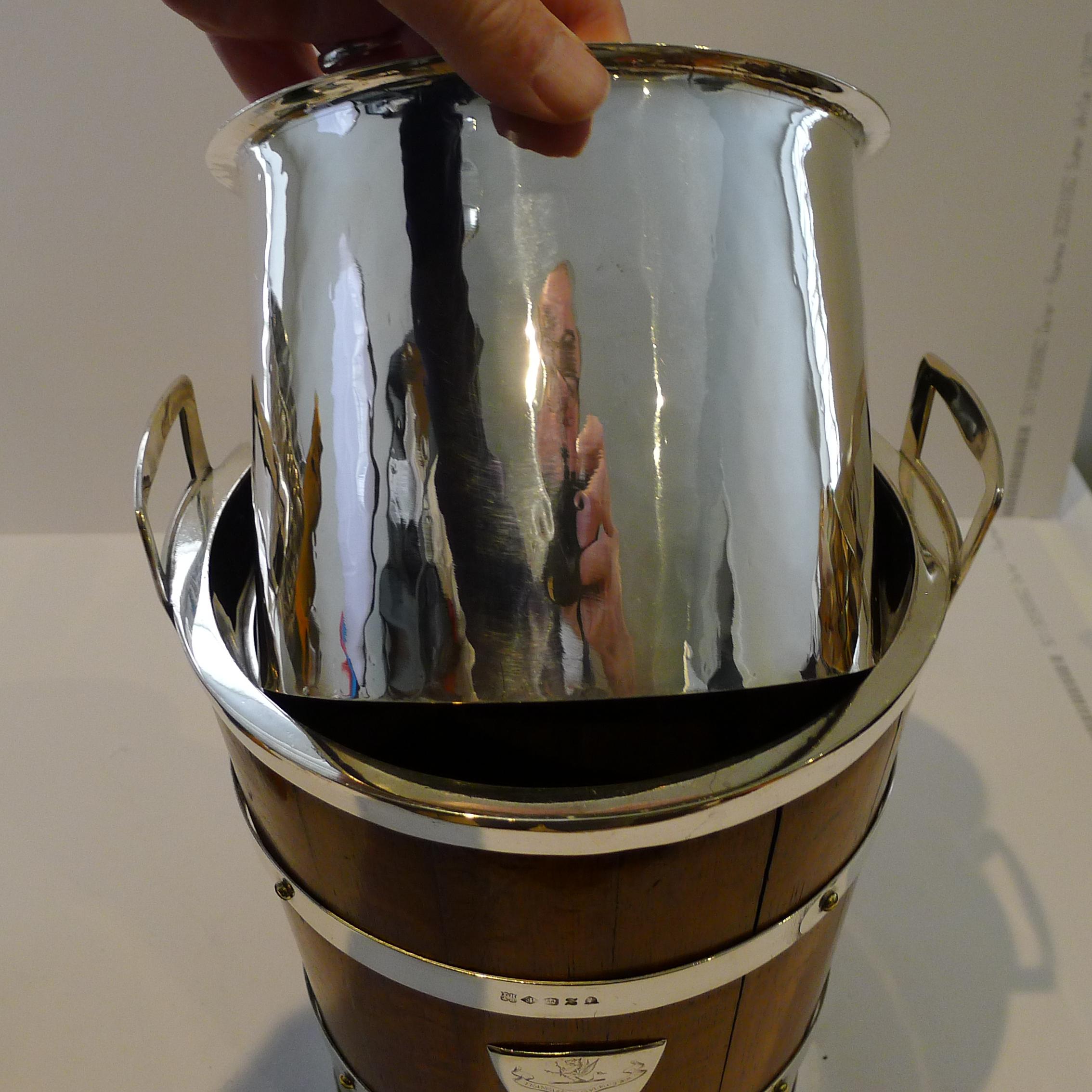 Grand Antique English Oak & Silver Plate Champagne Bucket / Wine Cooler In Good Condition For Sale In Bath, GB