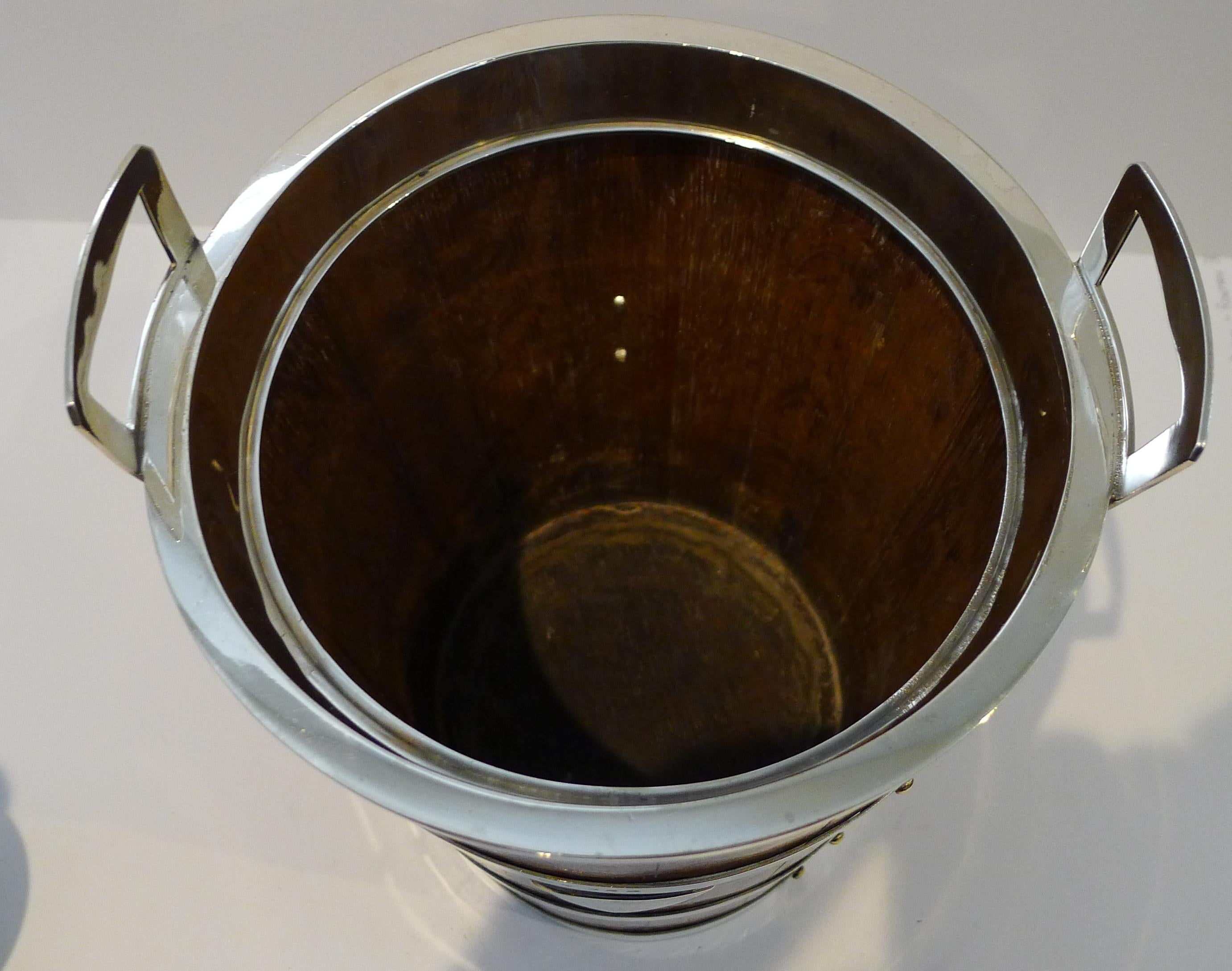 Late 19th Century Grand Antique English Oak & Silver Plate Champagne Bucket / Wine Cooler For Sale