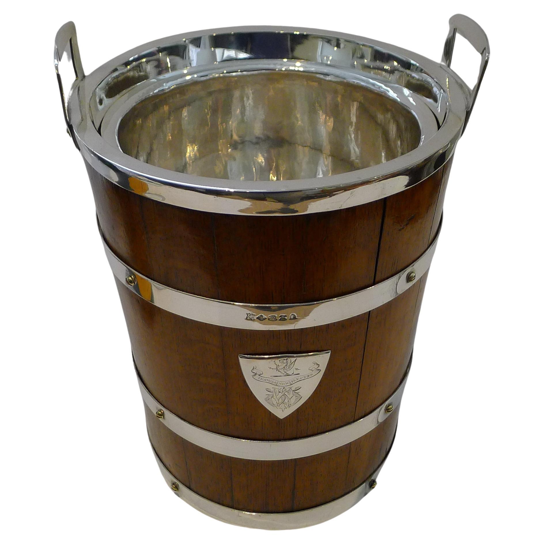 Grand Antique English Oak & Silver Plate Champagne Bucket / Wine Cooler For Sale
