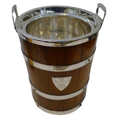 Grand Antique English Oak & Silver Plate Champagne Bucket / Wine Cooler