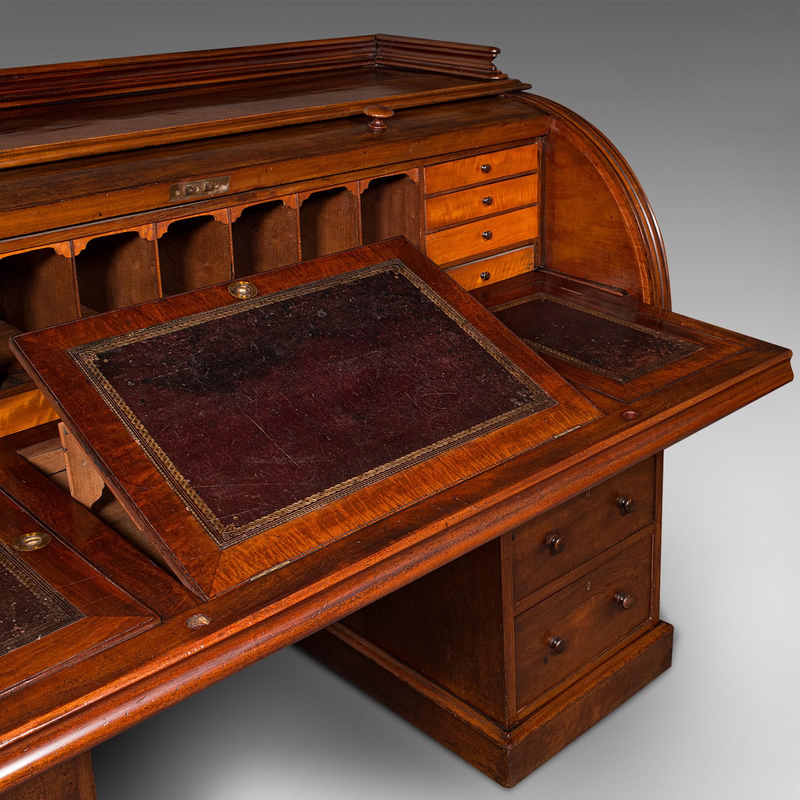 Wood Grand Antique Estate Pedestal Desk, English Roll Top Secretaire, Victorian, 1860 For Sale
