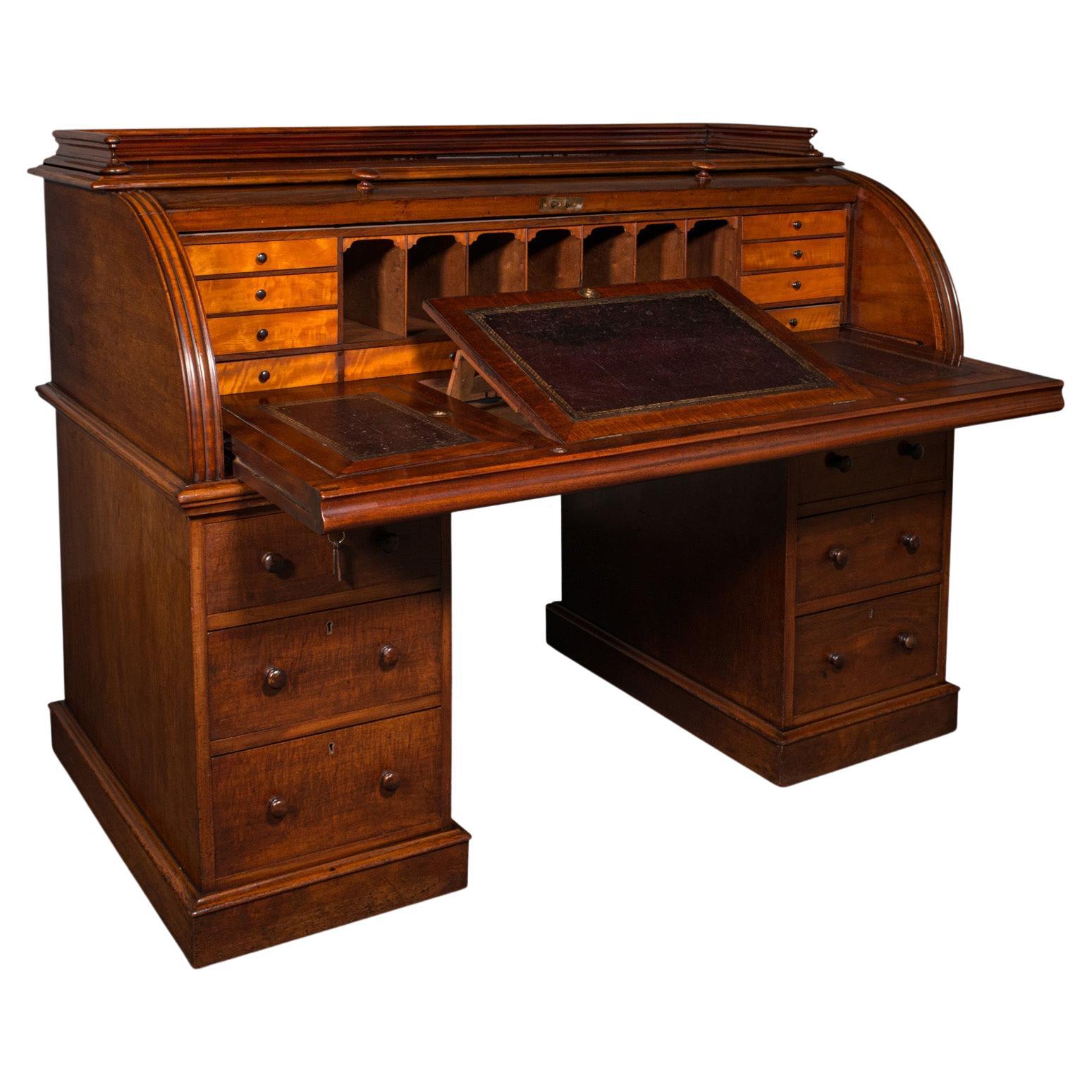 Grand Antique Estate Pedestal Desk, English Roll Top Secretaire, Victorian, 1860 For Sale