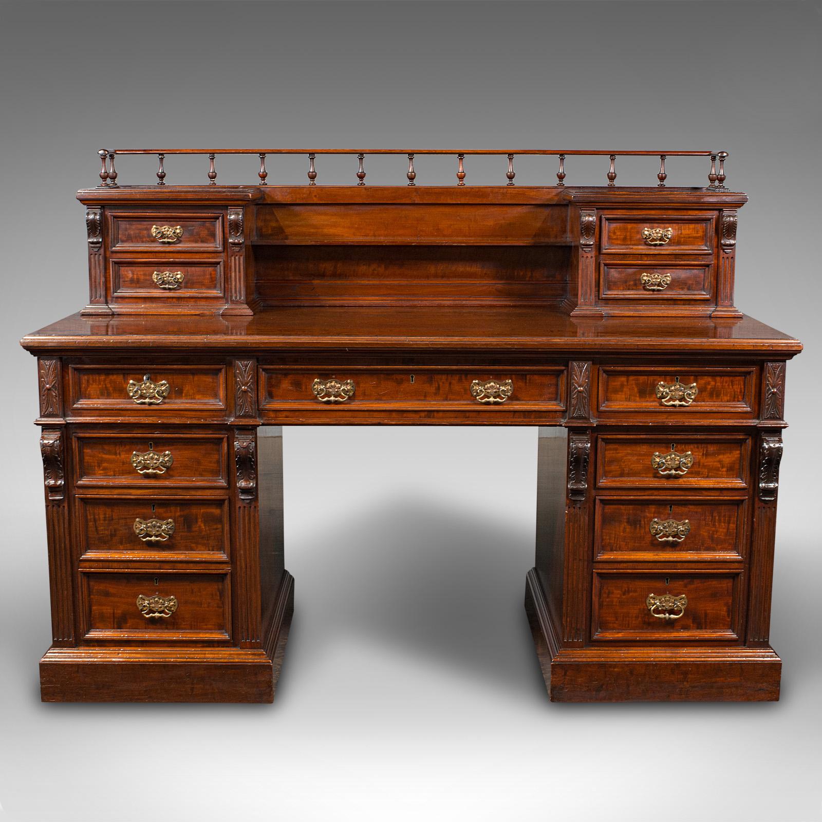 This is a grand antique executive desk. An English, satinwood and mahogany 13 drawer office desk, dating to the mid Victorian period, circa 1860.

Exceptional quality and proportion to this superb Victorian desk.
Displays a desirable aged patina