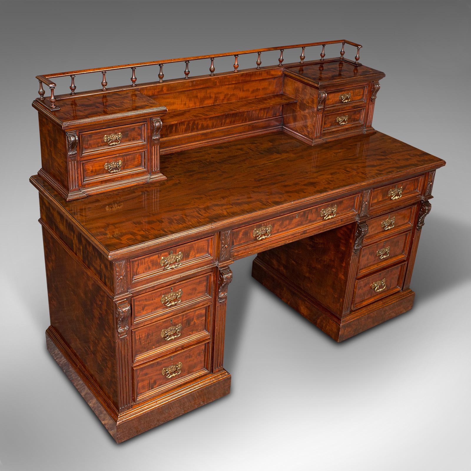 British Grand Antique Executive Desk, English, Satinwood, 13 Drawer, Office, Victorian For Sale