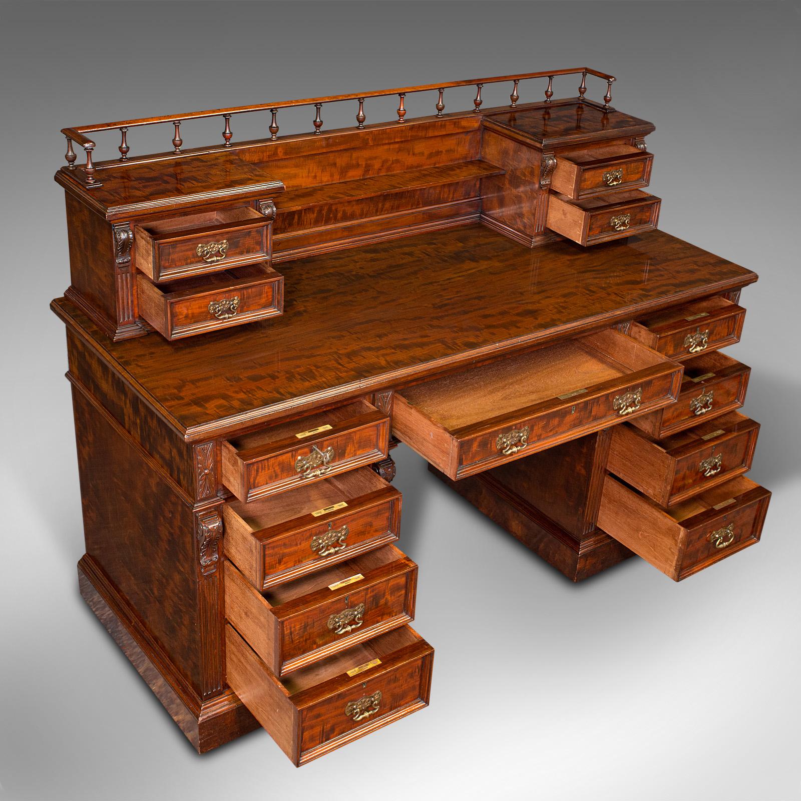 Grand Antique Executive Desk, English, Satinwood, 13 Drawer, Office, Victorian In Good Condition For Sale In Hele, Devon, GB