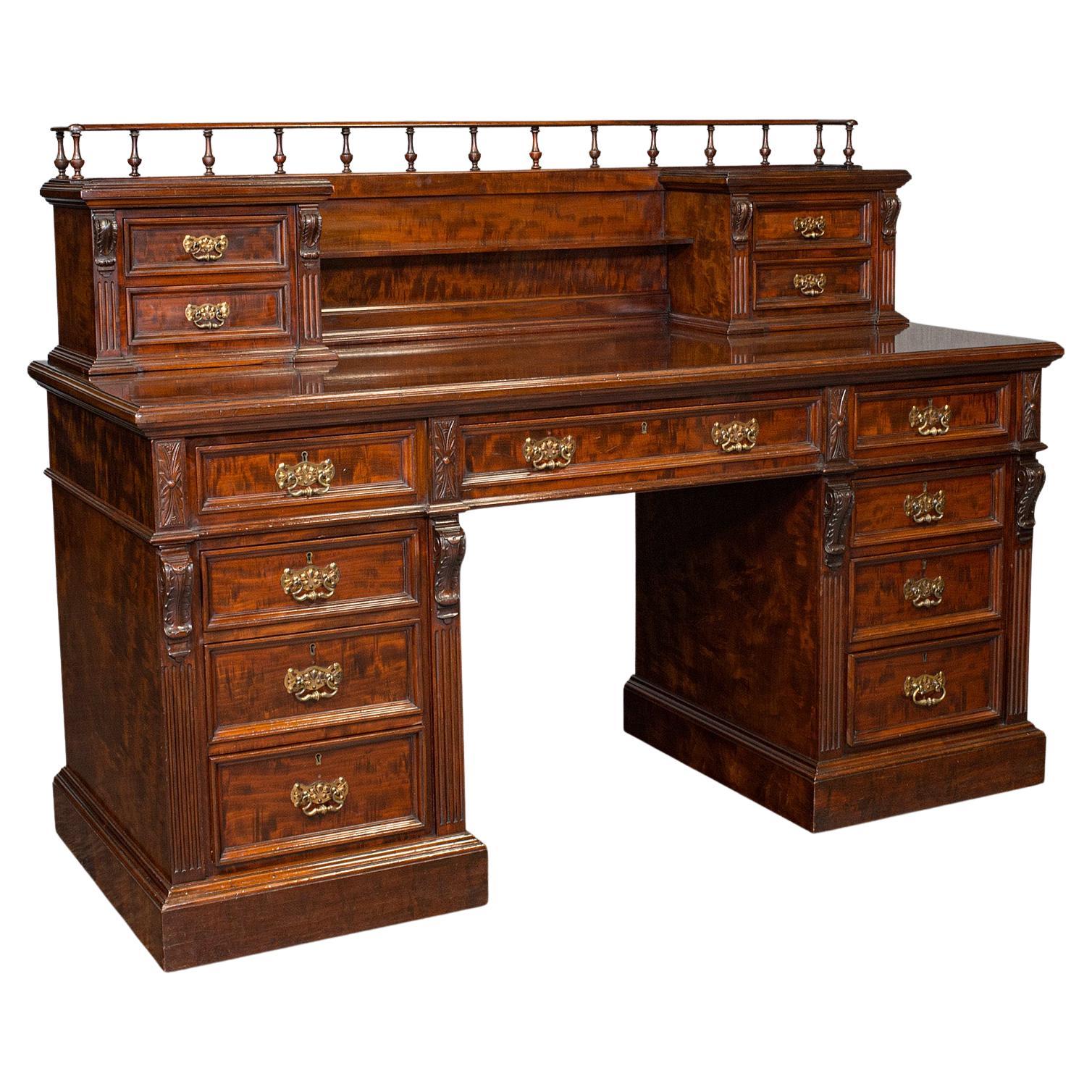 Grand Antique Executive Desk, English, Satinwood, 13 Drawer, Office, Victorian For Sale