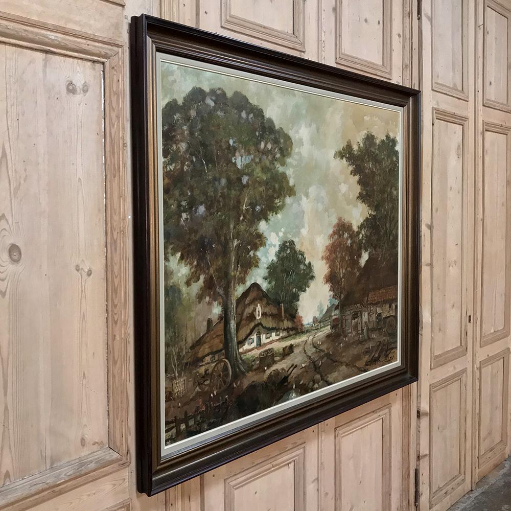 This antique framed oil painting on canvas by Henri Joseph Pauwels (1903-1983) was painted on a grand scale, and is a typical subject for the prolific painter, being a quaint European country landscape scene in the post-impressionist style. It has