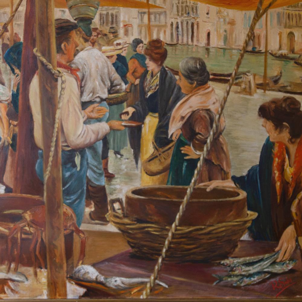 Grand antique framed oil painting on canvas by R. Sola is a lively scene of a fish market in storied Venice, with vivacious colors rendered in a post-impressionistic manner emphasizing the interactions between the vendors and customers along the