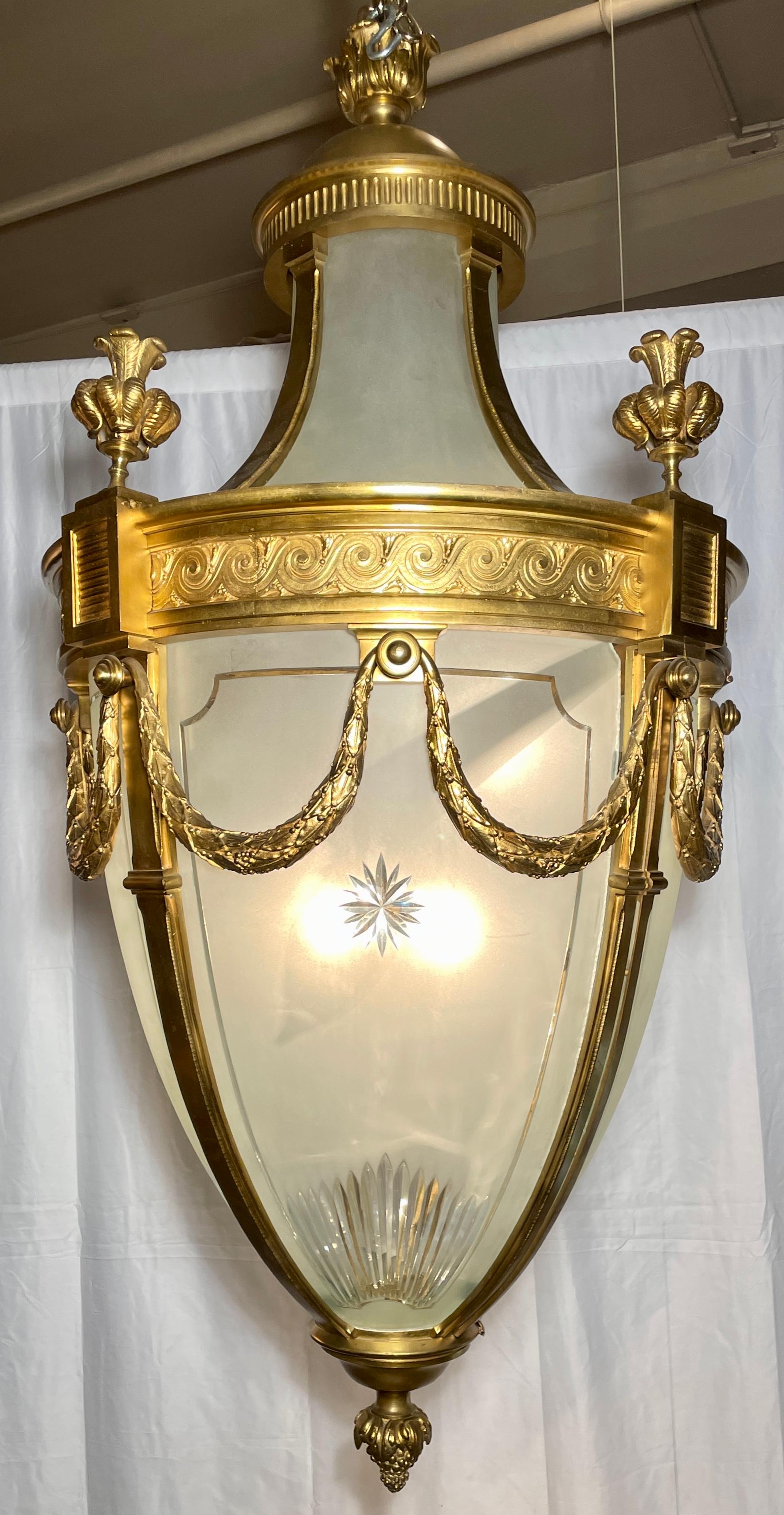 Grand Scale Antique French Belle Époque Gold Bronze & Etched Glass Lantern, circa 1890.
Magnificent design with intricate gold bronze and wheel carving.