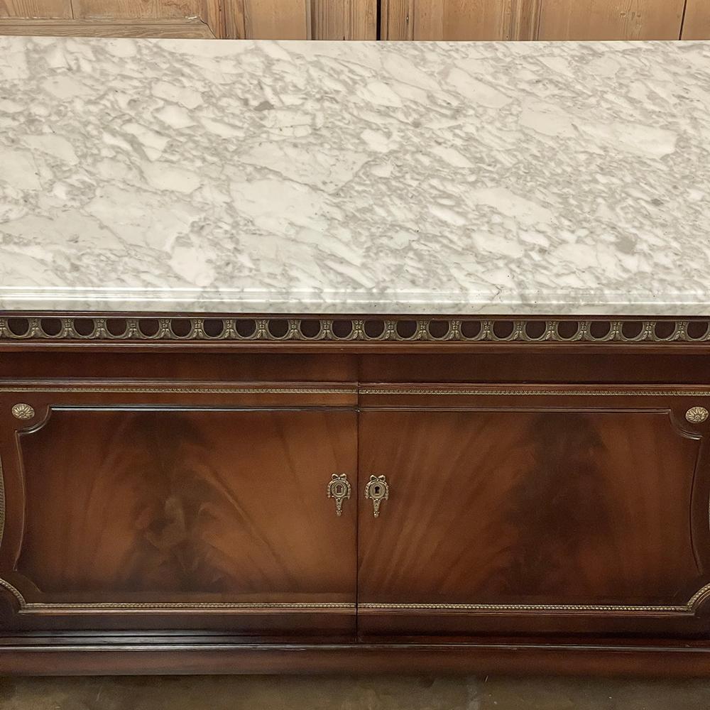 Brass Grand Antique French Louis XVI Mahogany Buffet with Carrara Marble For Sale