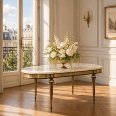 Grand Antique French Louis XVI Mahogany Dining Table with Carrara Marble Top
