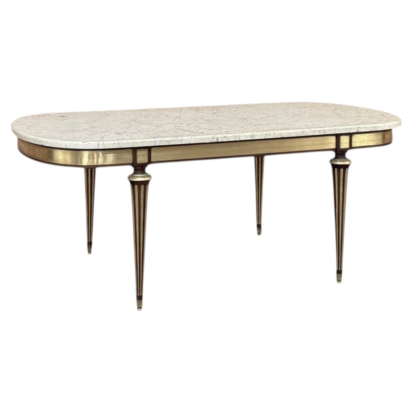 Grande Table de Salle à Manger Antique French Louis XVI en Acajou avec Dessus en Marbre de Carrare