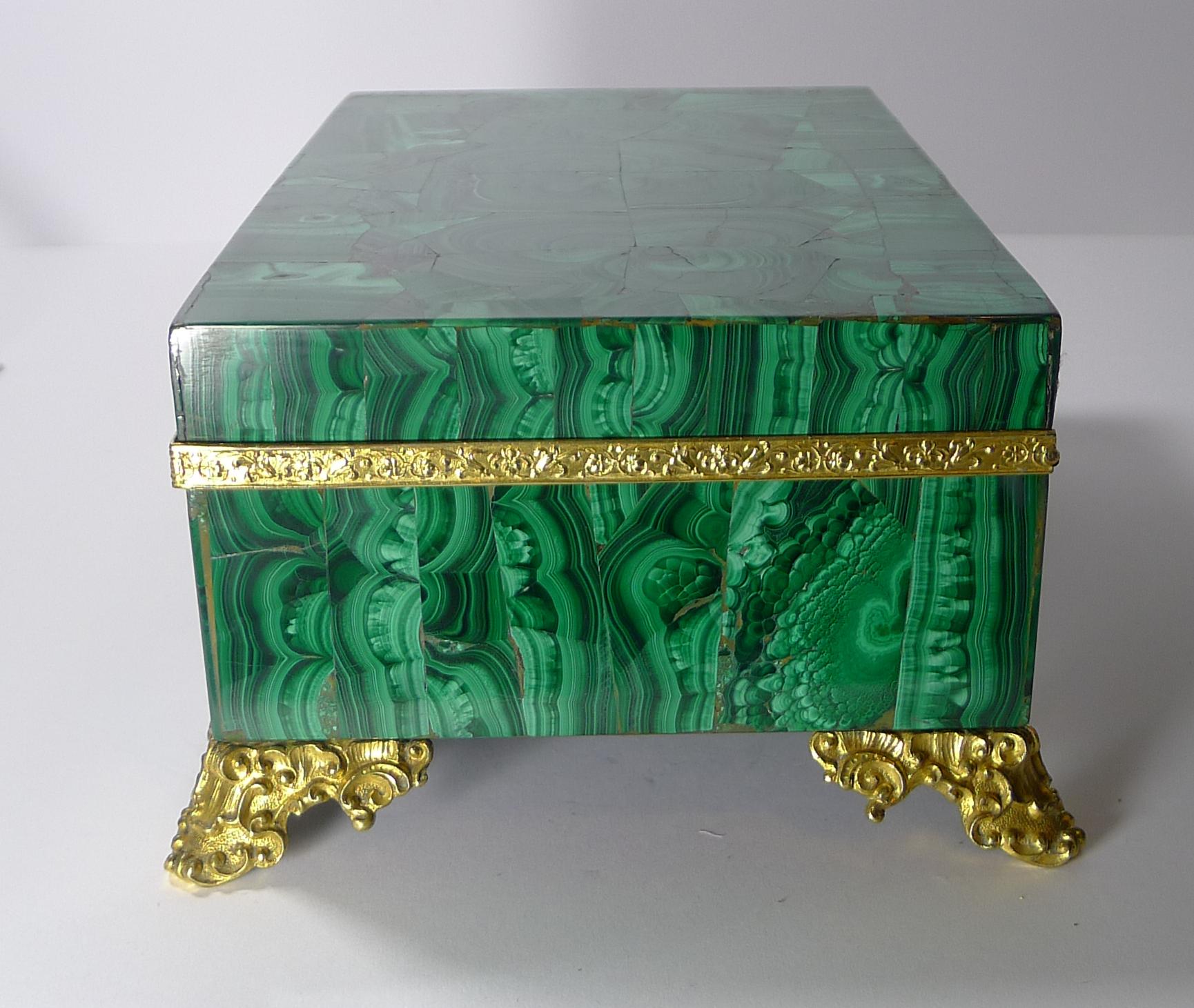 Early 20th Century Grand Antique French Malachite and Gilded Bronze Jewelry Box