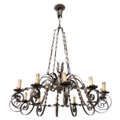Grand Antique French Twelve-Light Wrought Iron Chateau Chandelier