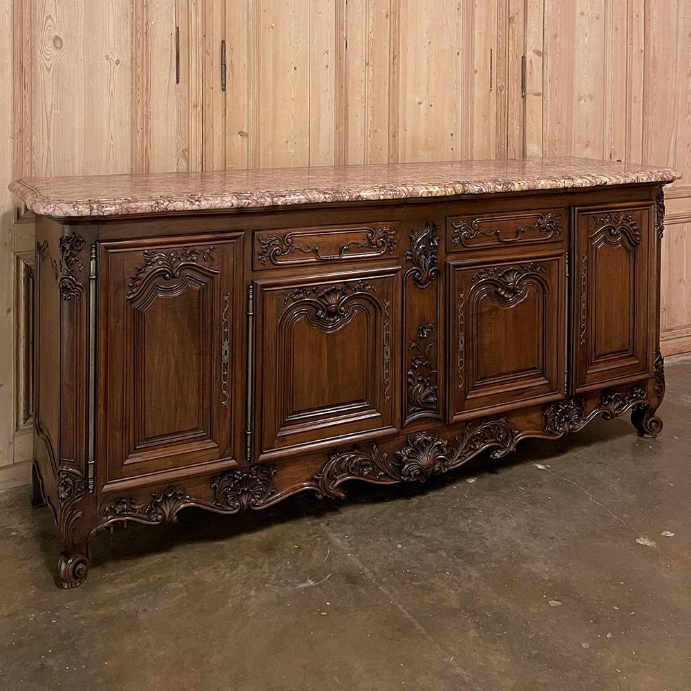 Hand-Carved Grand Antique French Walnut Louis XIV Marble Top Buffet ~ Sideboard For Sale