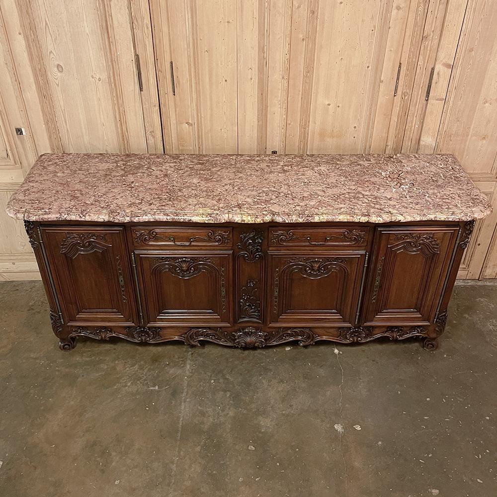 Grand Antique French Walnut Louis XIV Marble Top Buffet ~ Sideboard In Good Condition For Sale In Dallas, TX