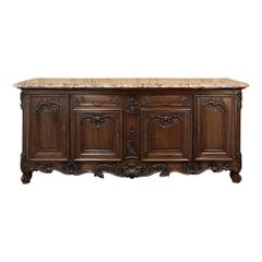 Grand Antique French Walnut Louis XIV Marble Top Buffet ~ Sideboard