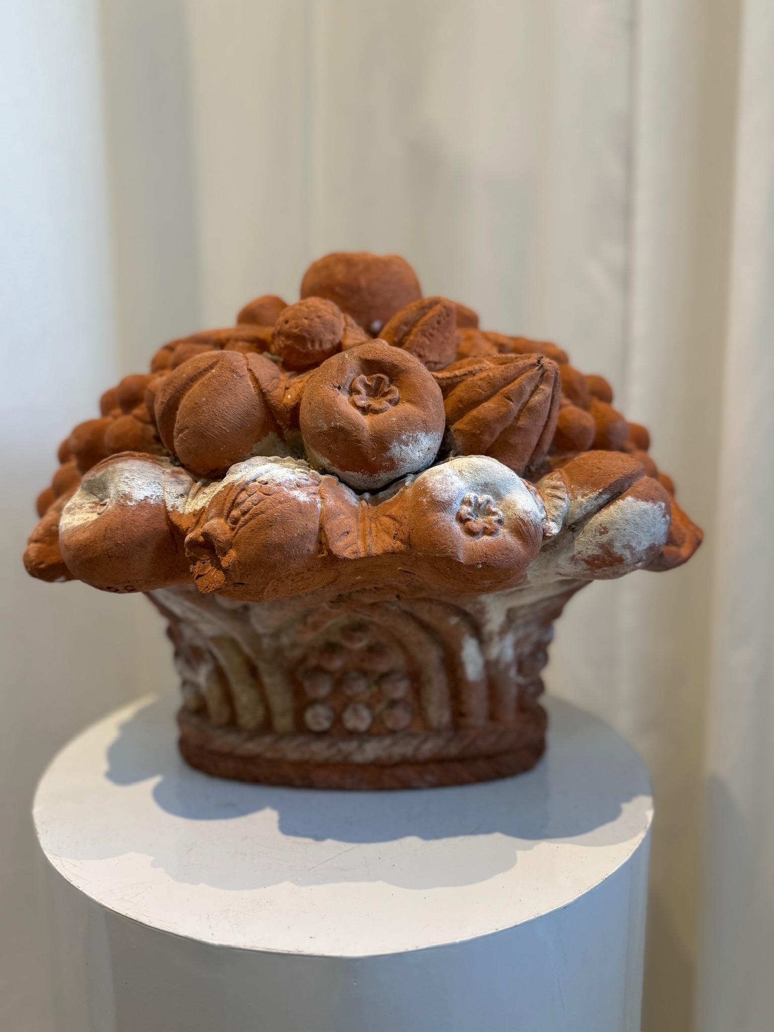 Rustic Grand Antique Italian-Style Terracotta Fruit Basket Finial – Handcrafted Garden For Sale