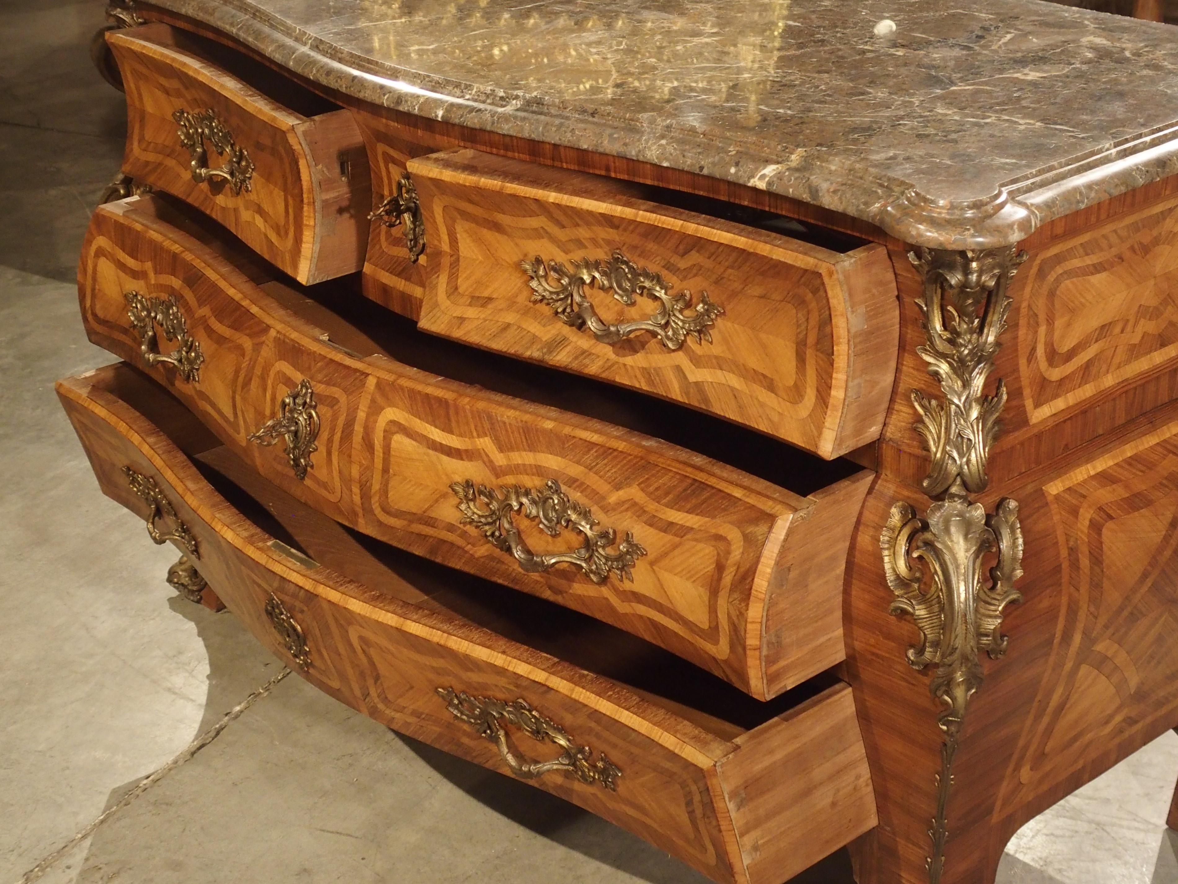 Grand Antique Louis XV Style French Commode with Bronze Mounts and Marble Top For Sale 14