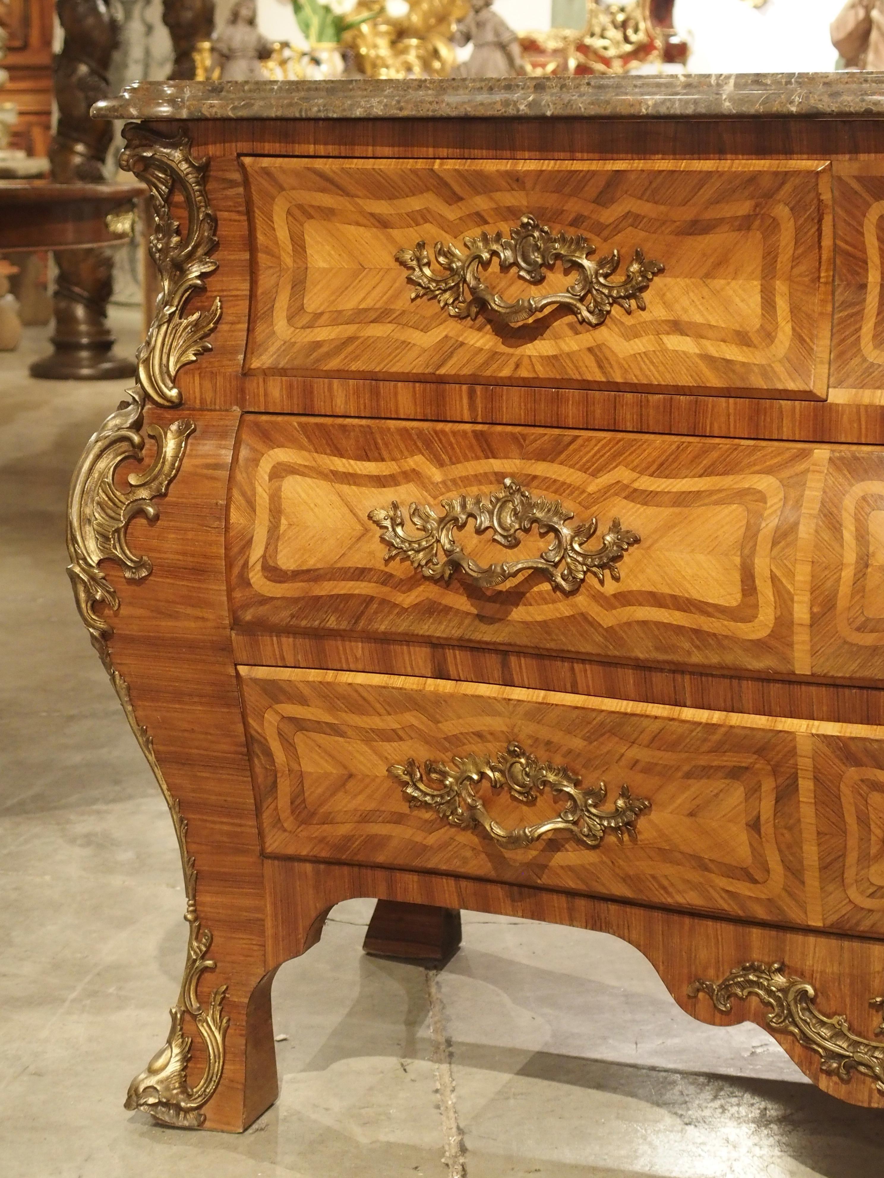 Hand-Carved Grand Antique Louis XV Style French Commode with Bronze Mounts and Marble Top For Sale