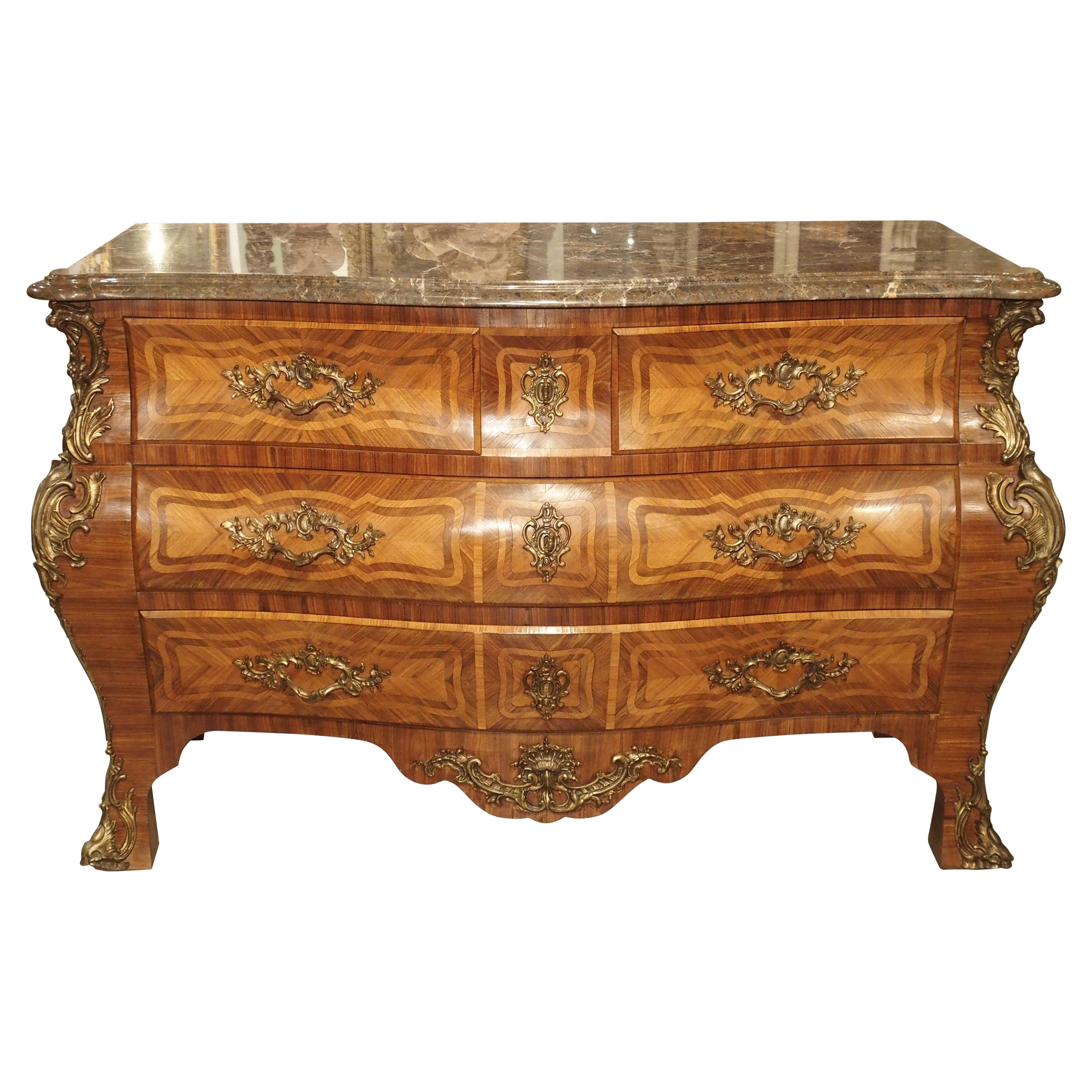 Grand Antique Louis XV Style French Commode with Bronze Mounts and Marble Top For Sale