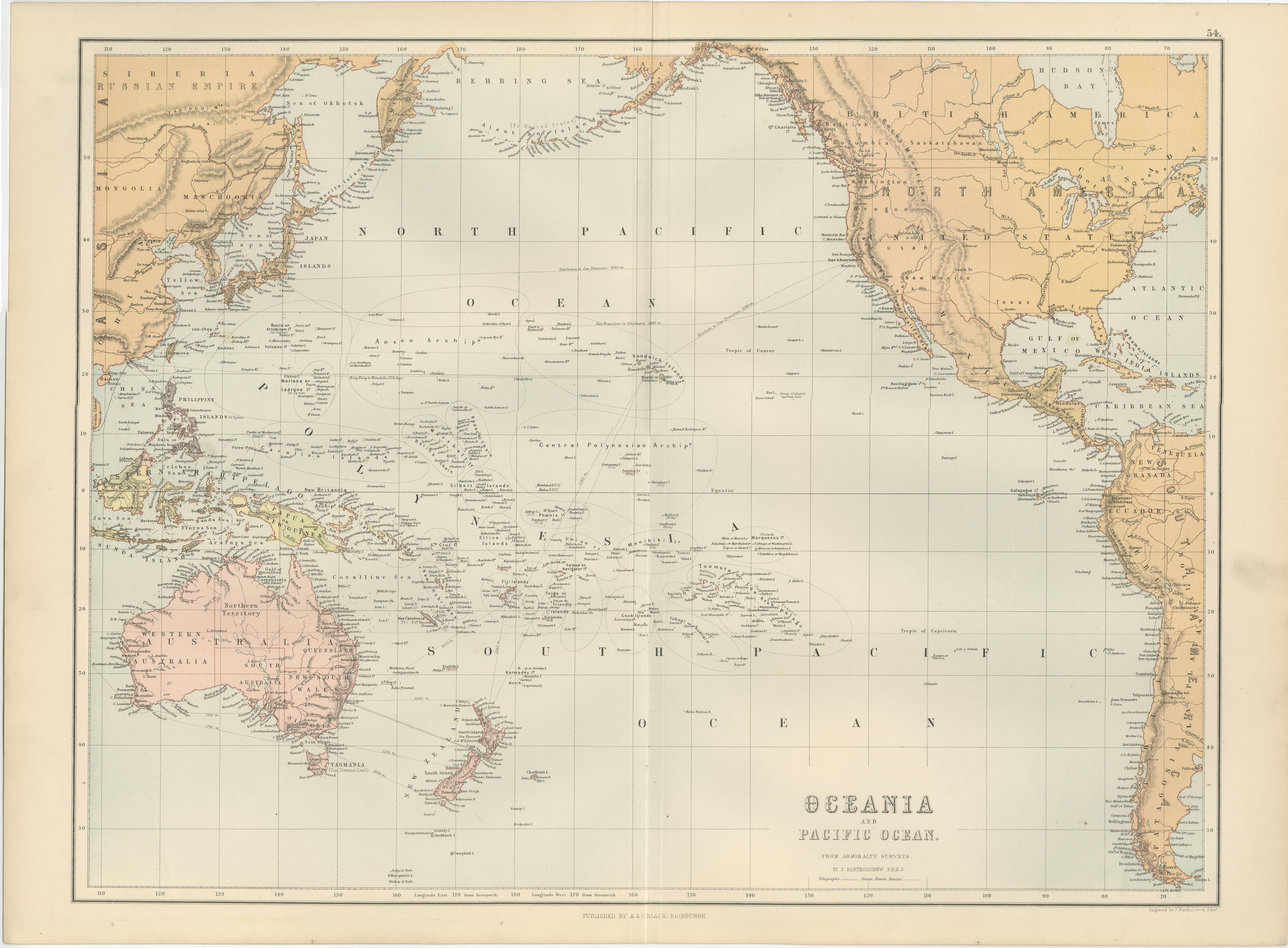 Grand Antique Map of Oceania and the Pacific Ocean – Australia & America, 1884