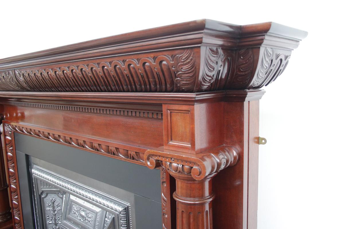 English Grand Antique Pillared Victorian Mahogany Fireplace Mantle For Sale