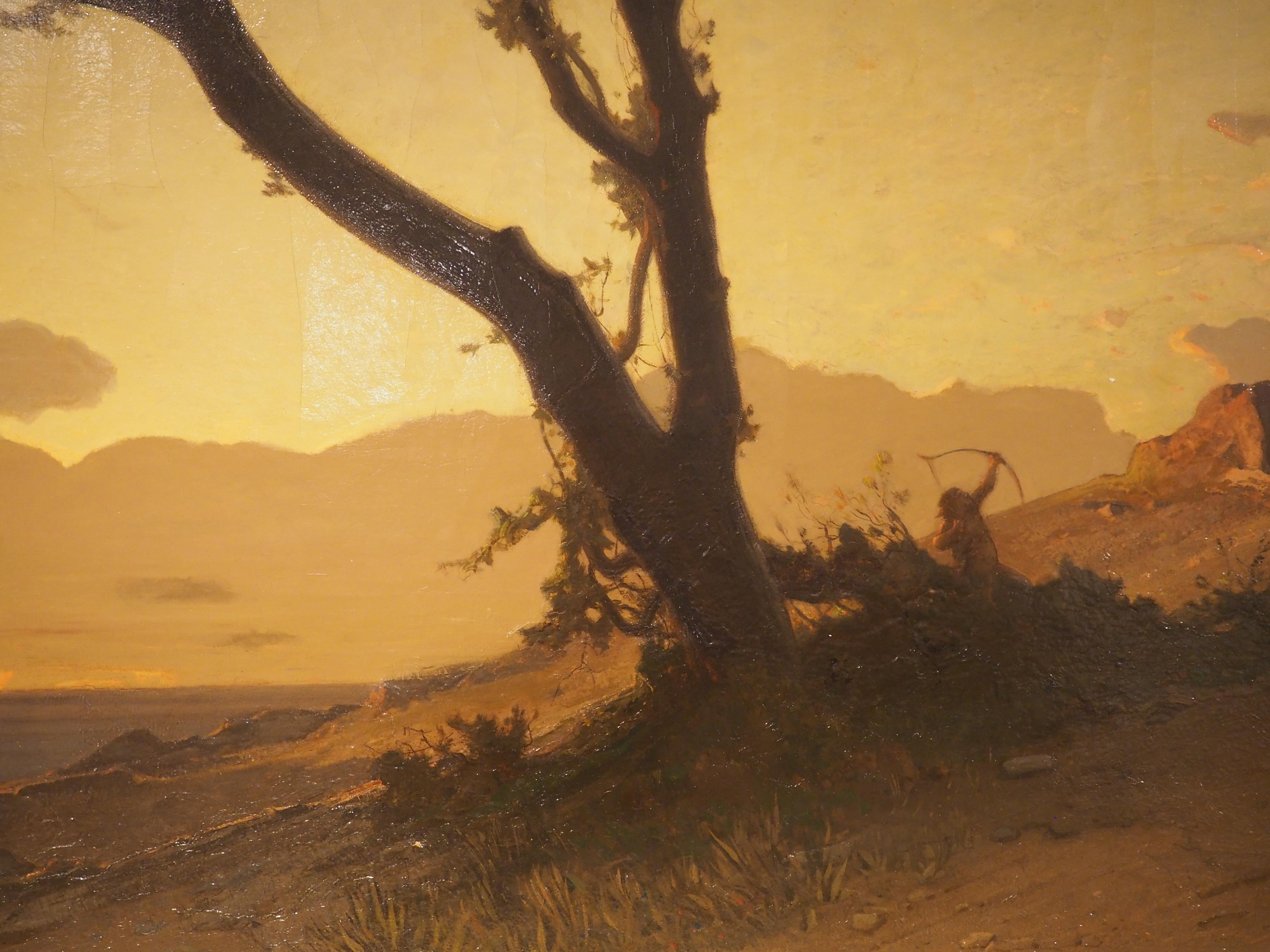 Gran óleo suizo antiguo sobre lienzo, El cazador de halcones al atardecer de Étienne Duval en venta 6