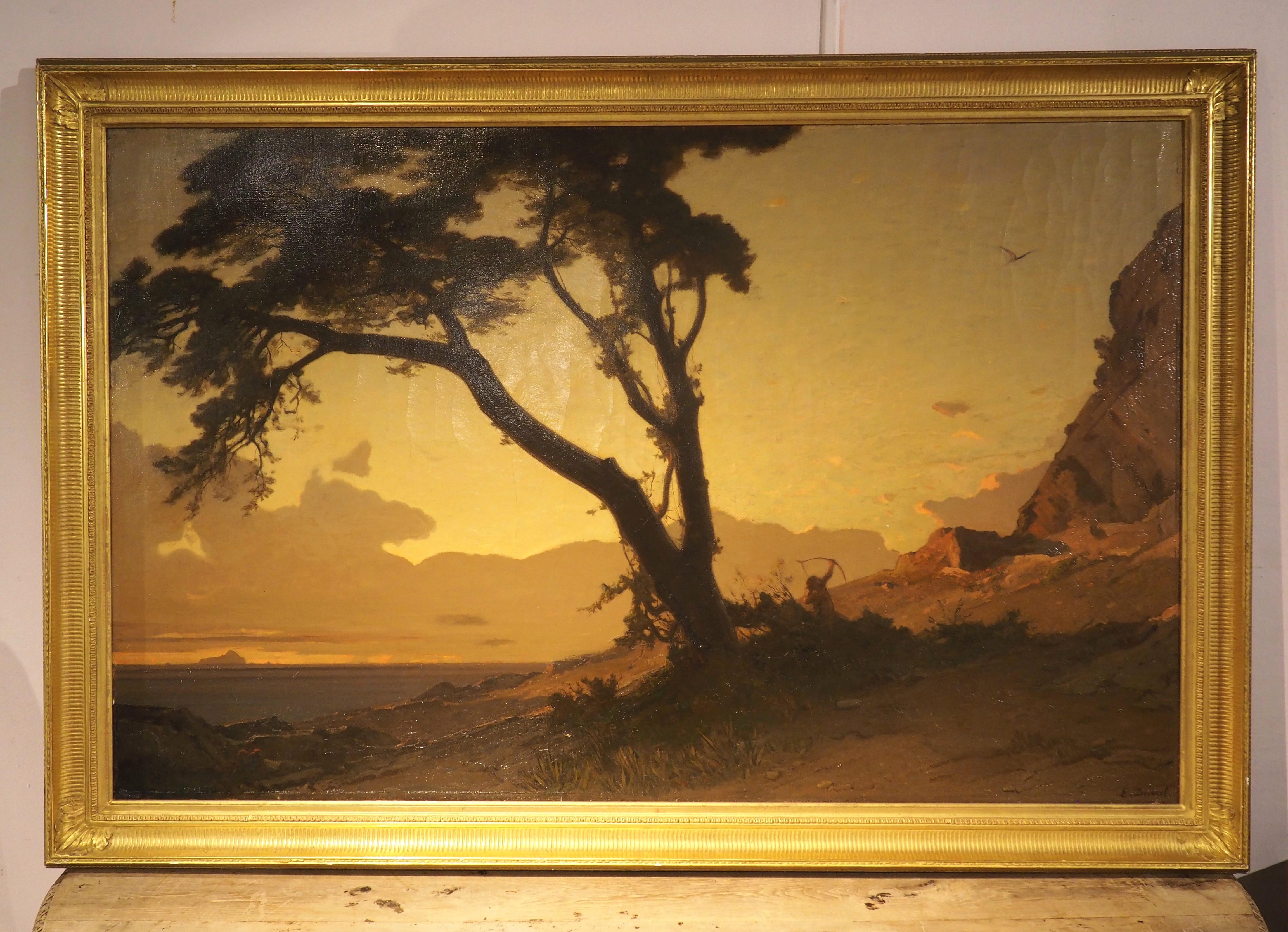 Gran óleo suizo antiguo sobre lienzo, El cazador de halcones al atardecer de Étienne Duval en venta 13
