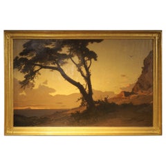 Grand Antique Swiss Oil on Canvas, The Falcon Hunter at Dusk by Étienne Duval