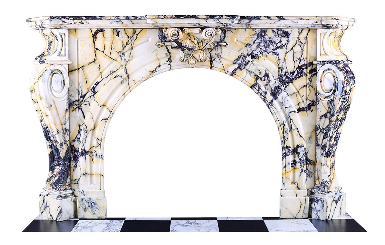 Hand-Carved Grand Arched Pavonazza Marble Antique Chimneypiece, Belgian Mid-19th Century For Sale