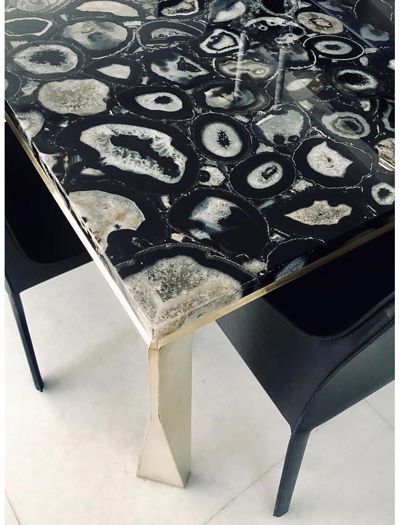 Faceted 'Grand Architectonic' Black Agate Gemstone Dining Table / Desk with Brass Feet For Sale